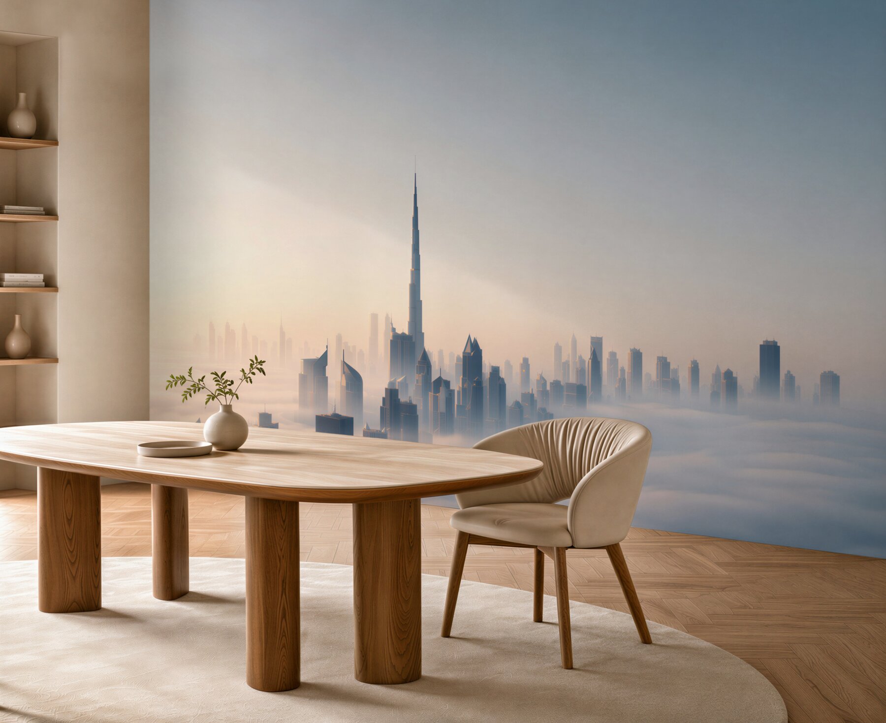 Fototapeta panorama Dubaju we mgle o wschodzie słońca nowoczesne miasto?v23