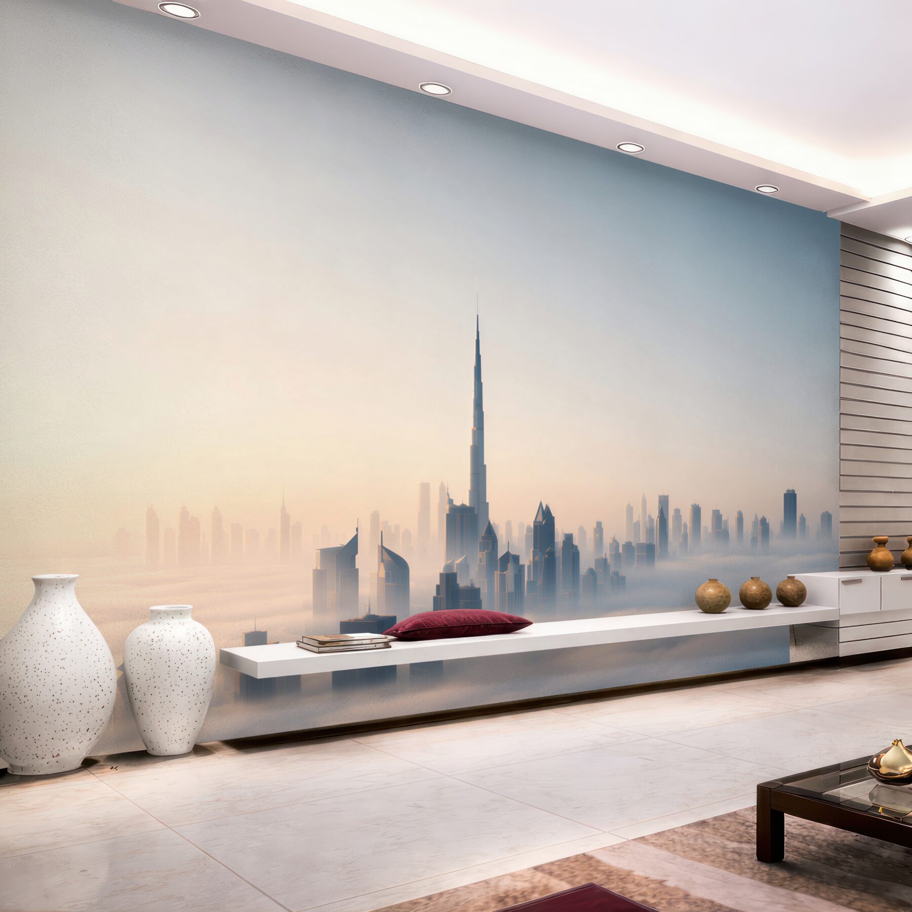 Fototapeta panorama Dubaju we mgle o wschodzie słońca nowoczesne miasto?v23