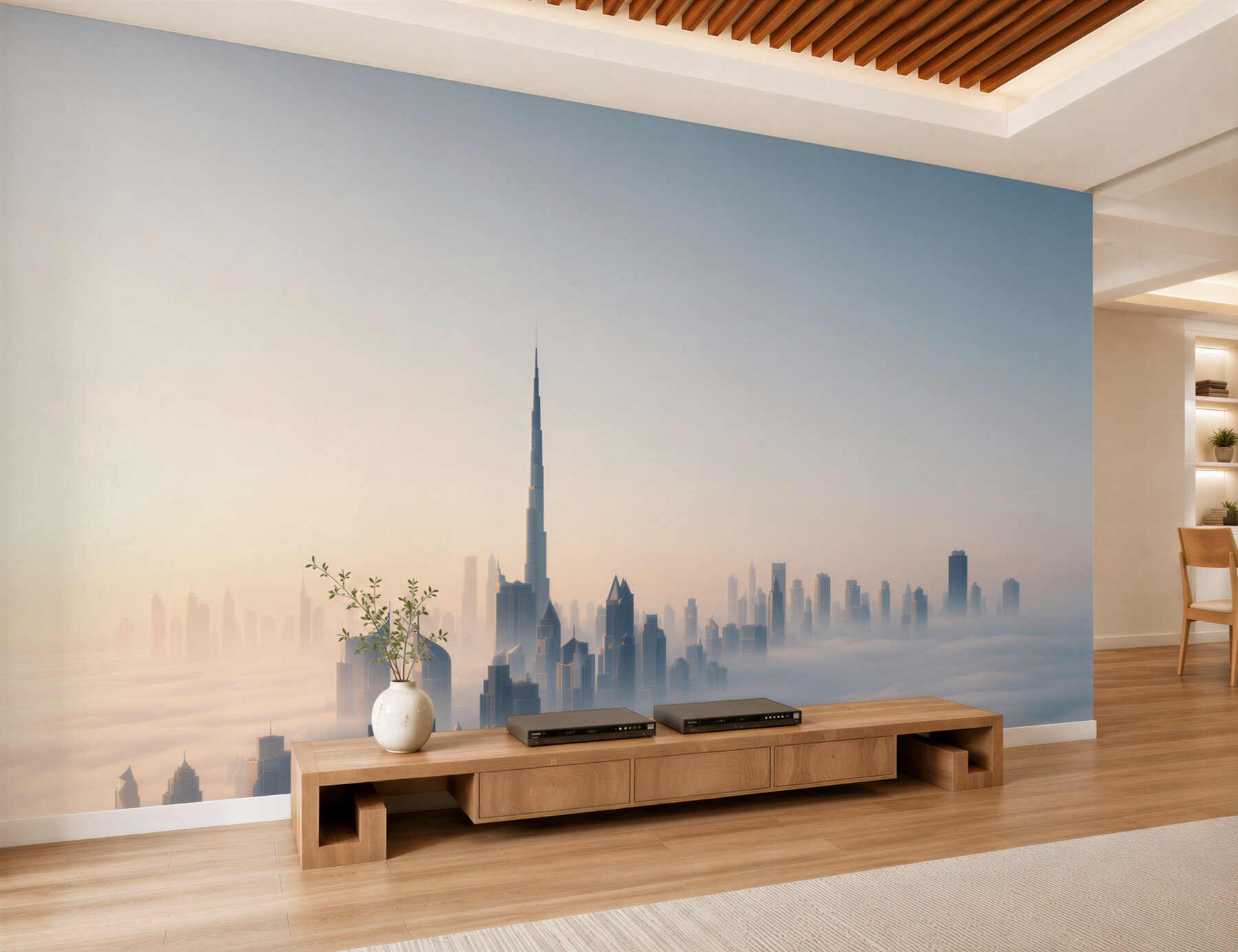 Fototapeta panorama Dubaju we mgle o wschodzie słońca nowoczesne miasto?v23