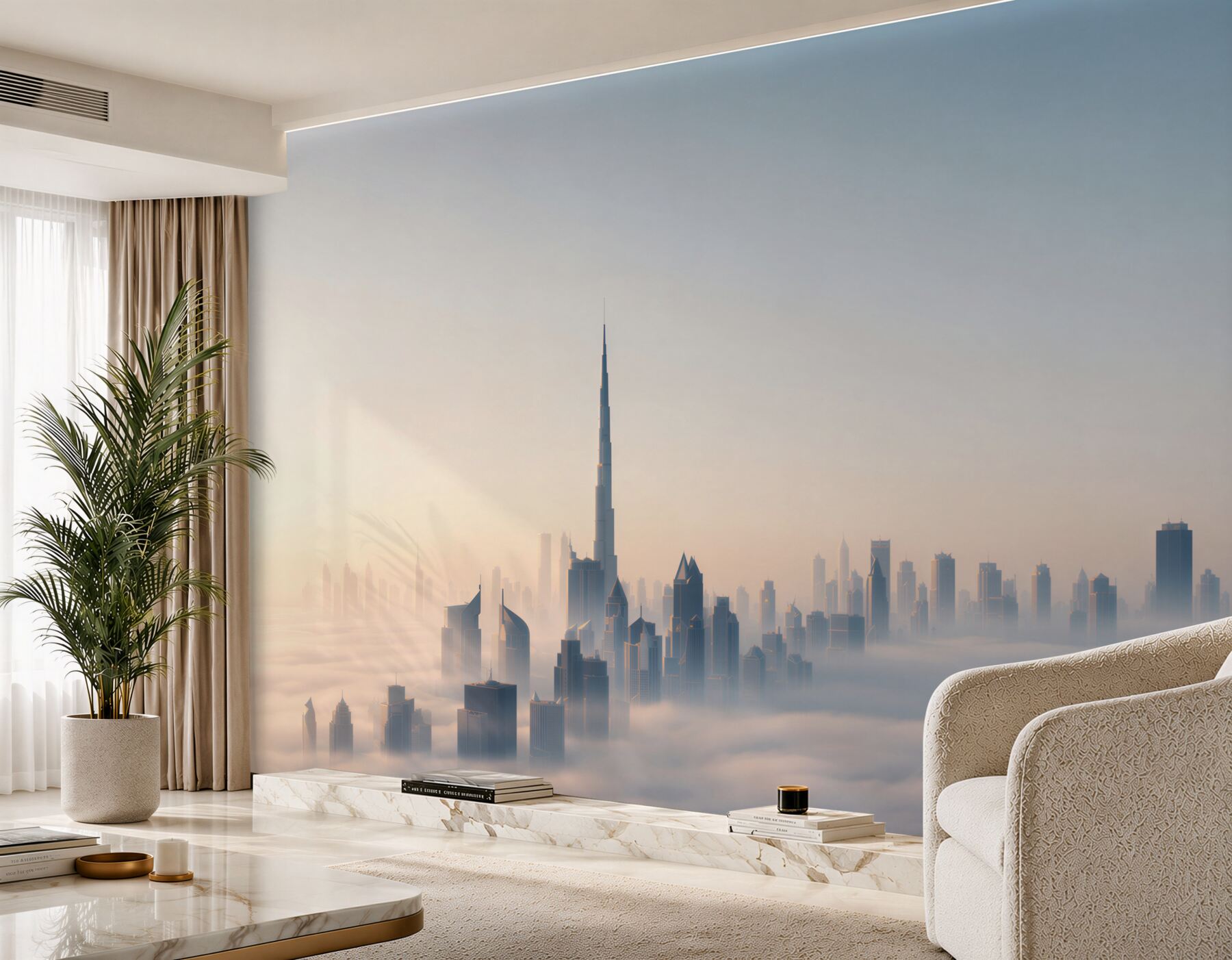 Fototapeta panorama Dubaju we mgle o wschodzie słońca nowoczesne miasto?v23