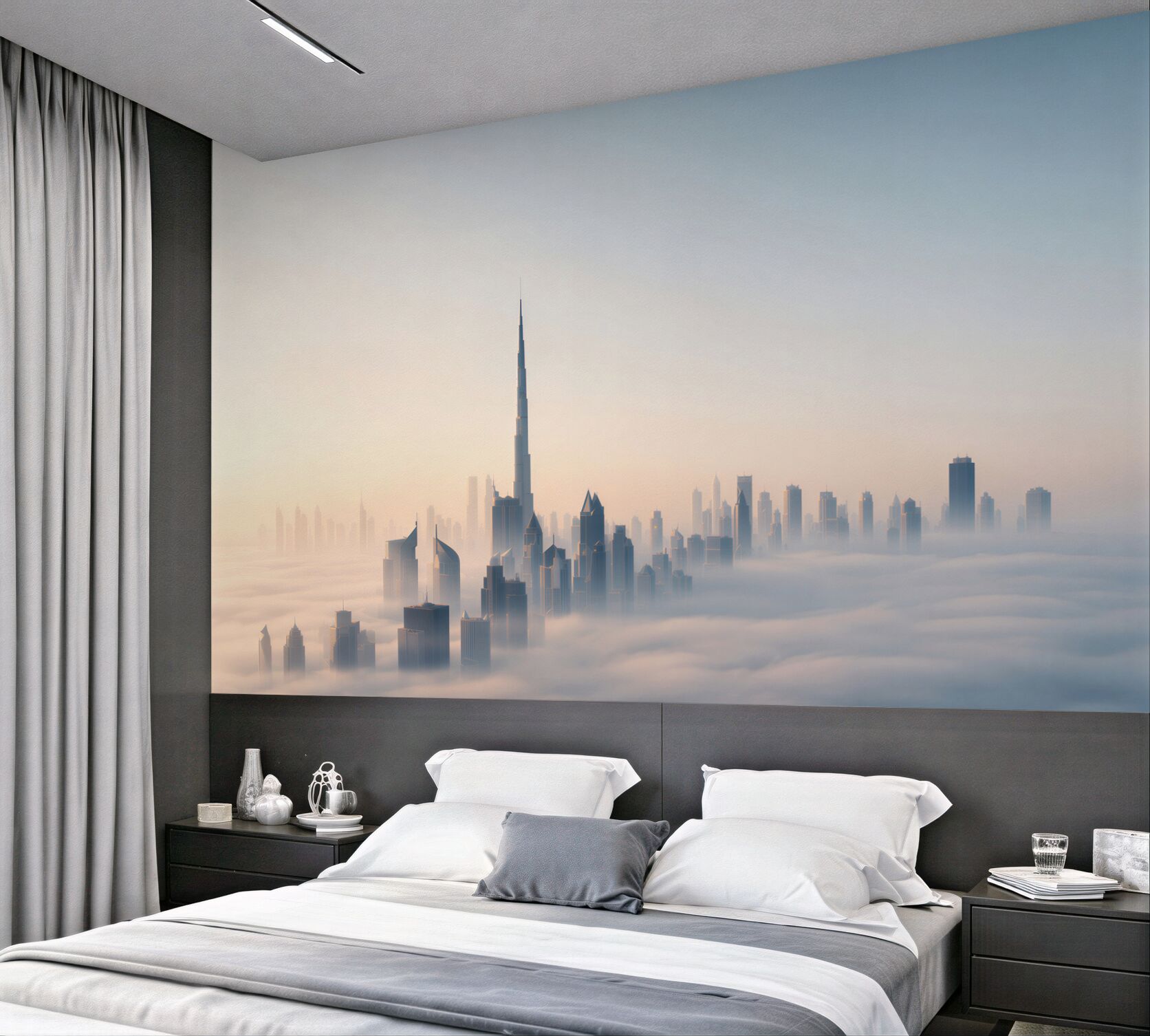 Fototapeta panorama Dubaju we mgle o wschodzie słońca nowoczesne miasto?v23