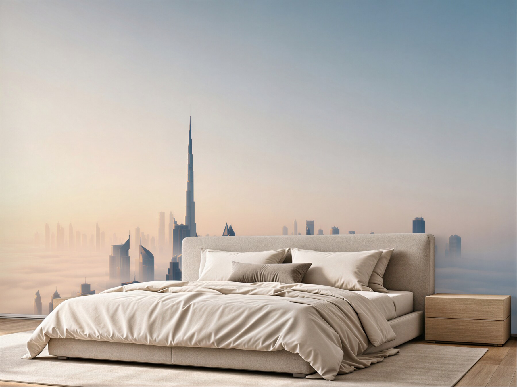 Fototapeta panorama Dubaju we mgle o wschodzie słońca nowoczesne miasto