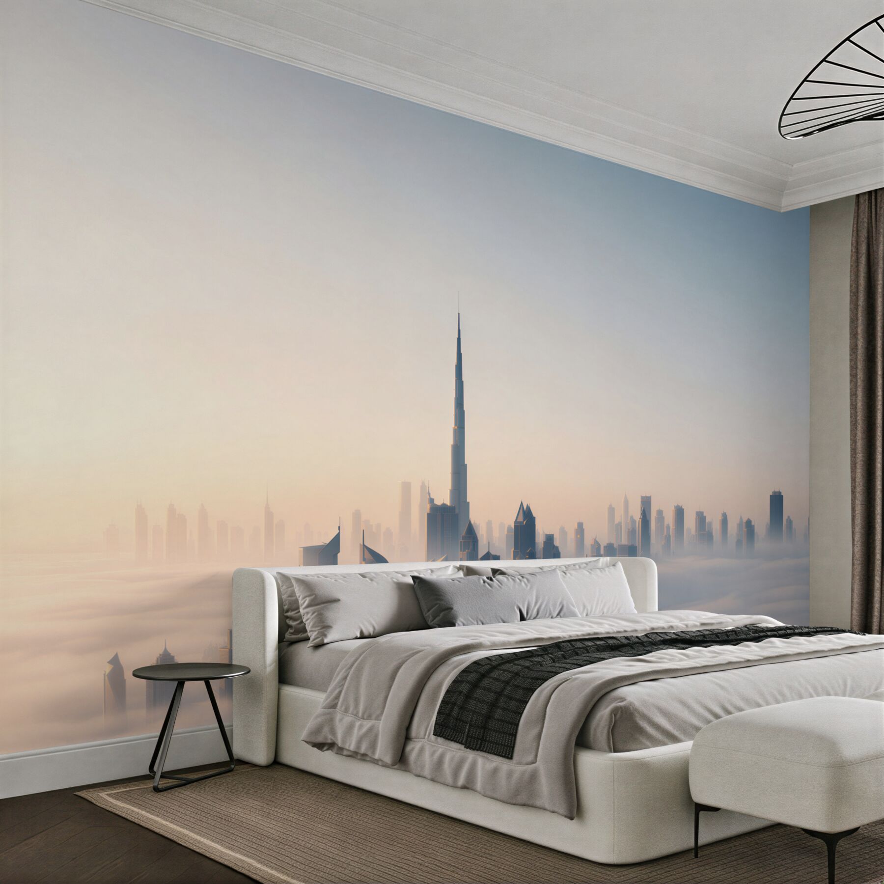 Fototapeta panorama Dubaju we mgle o wschodzie słońca nowoczesne miasto?v23
