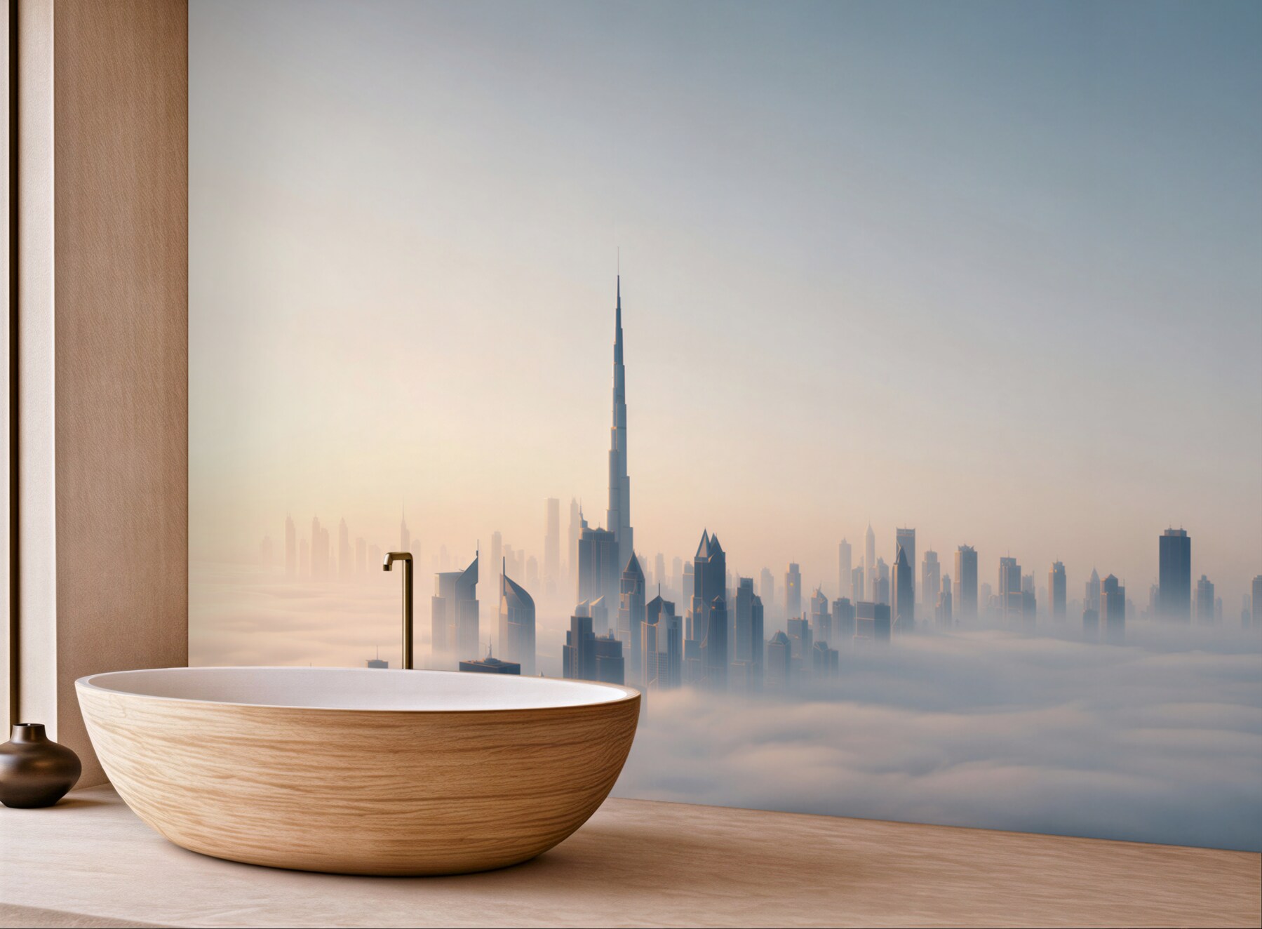 Fototapeta panorama Dubaju we mgle o wschodzie słońca nowoczesne miasto?v23