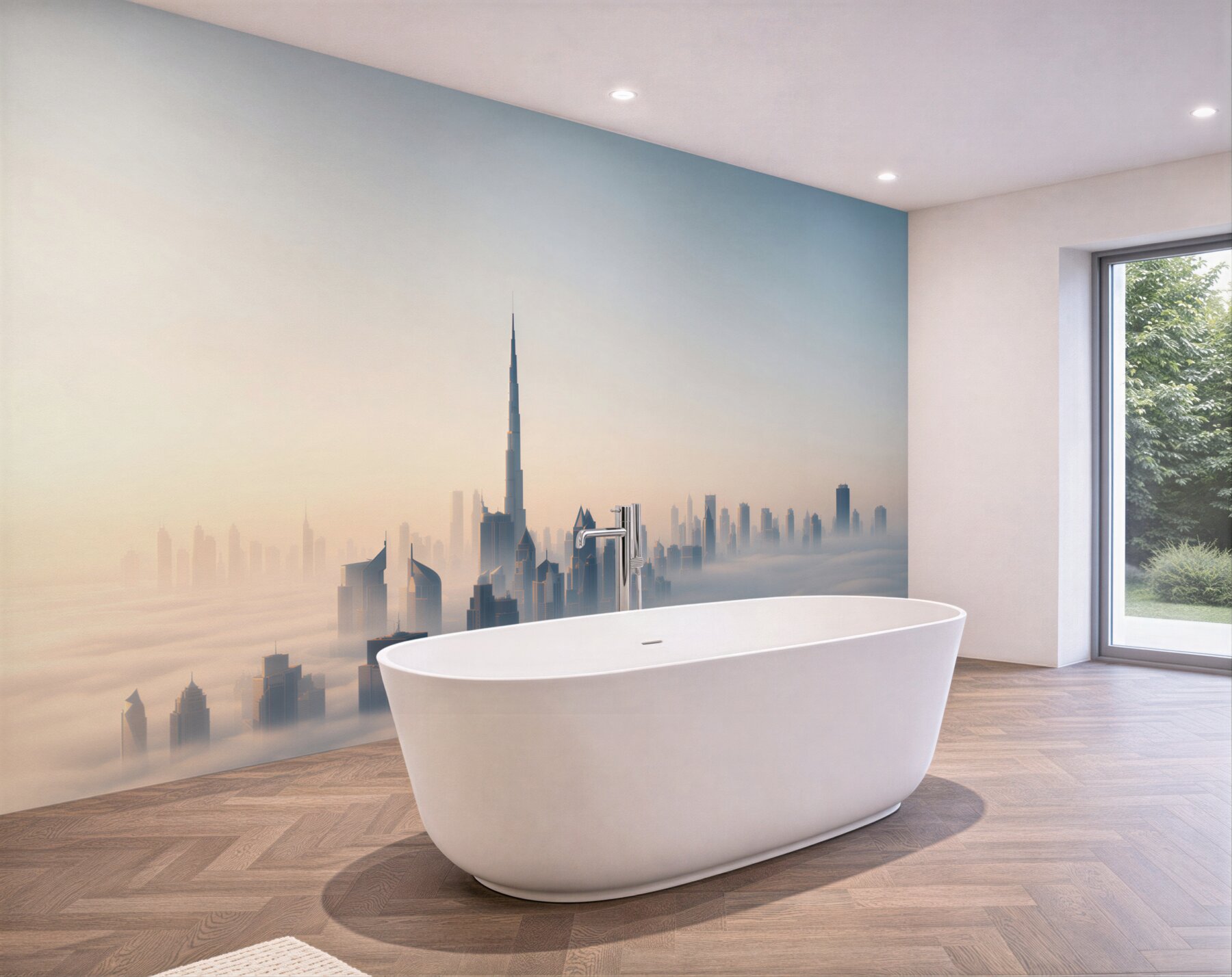 Fototapeta panorama Dubaju we mgle o wschodzie słońca nowoczesne miasto?v23