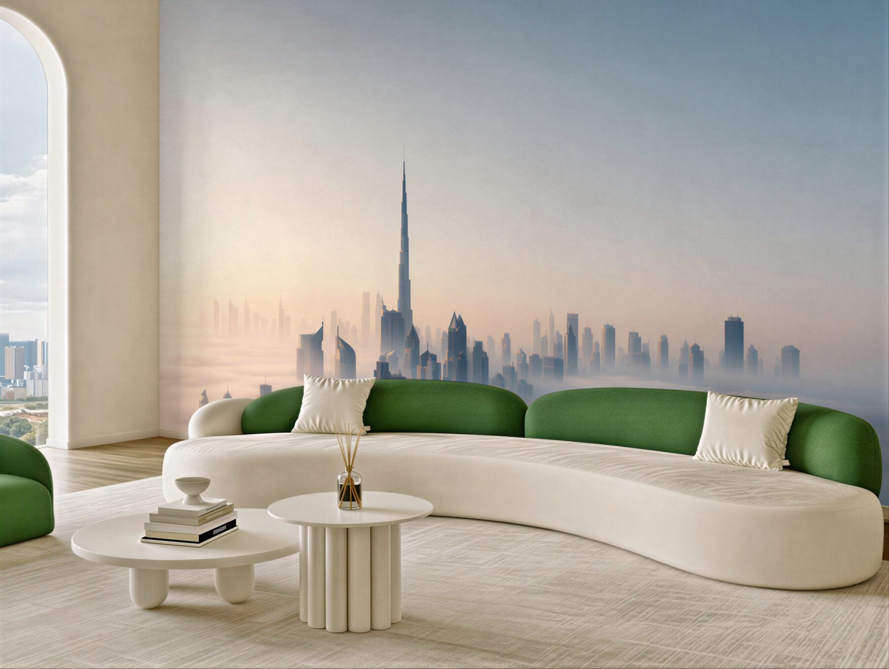 Fototapeta panorama Dubaju we mgle o wschodzie słońca nowoczesne miasto?v23