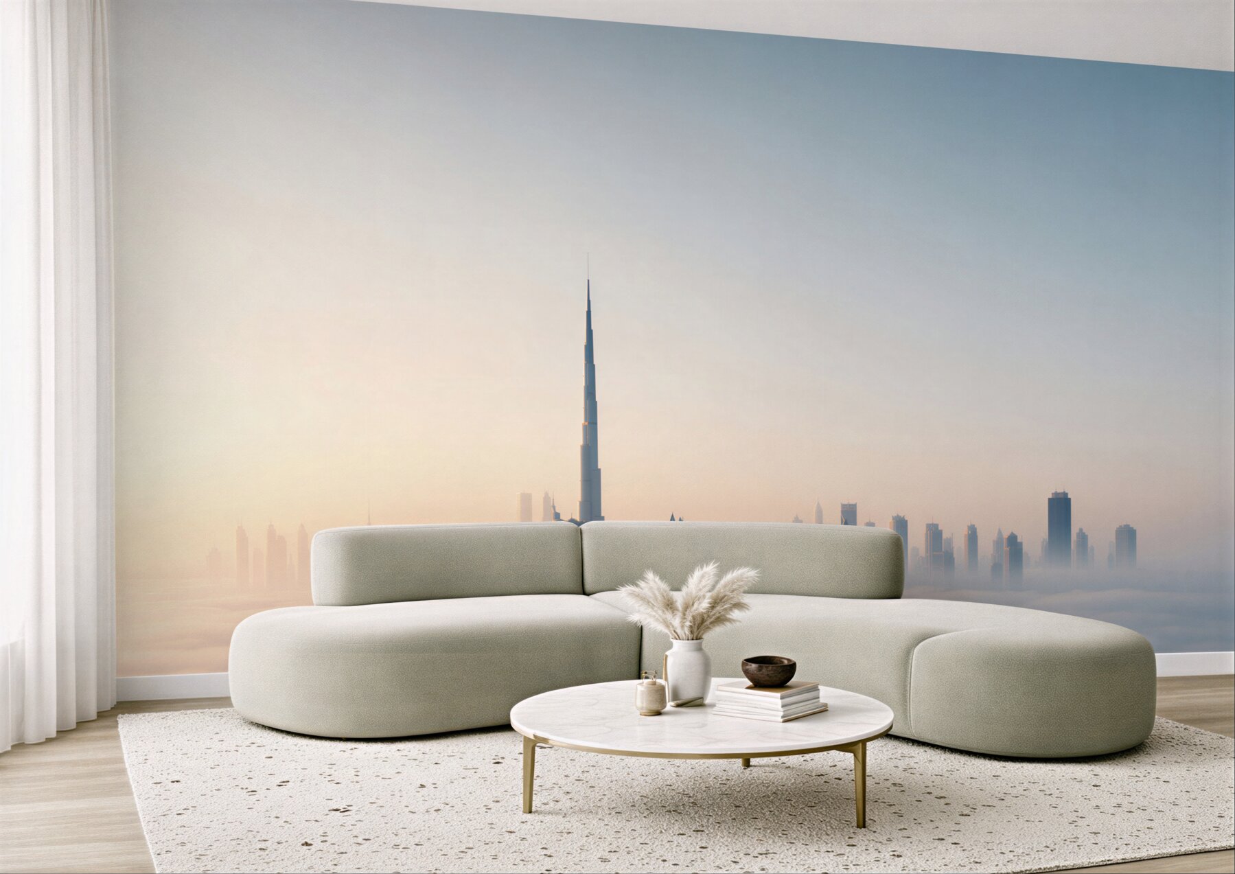 Fototapeta panorama Dubaju we mgle o wschodzie słońca nowoczesne miasto?v23