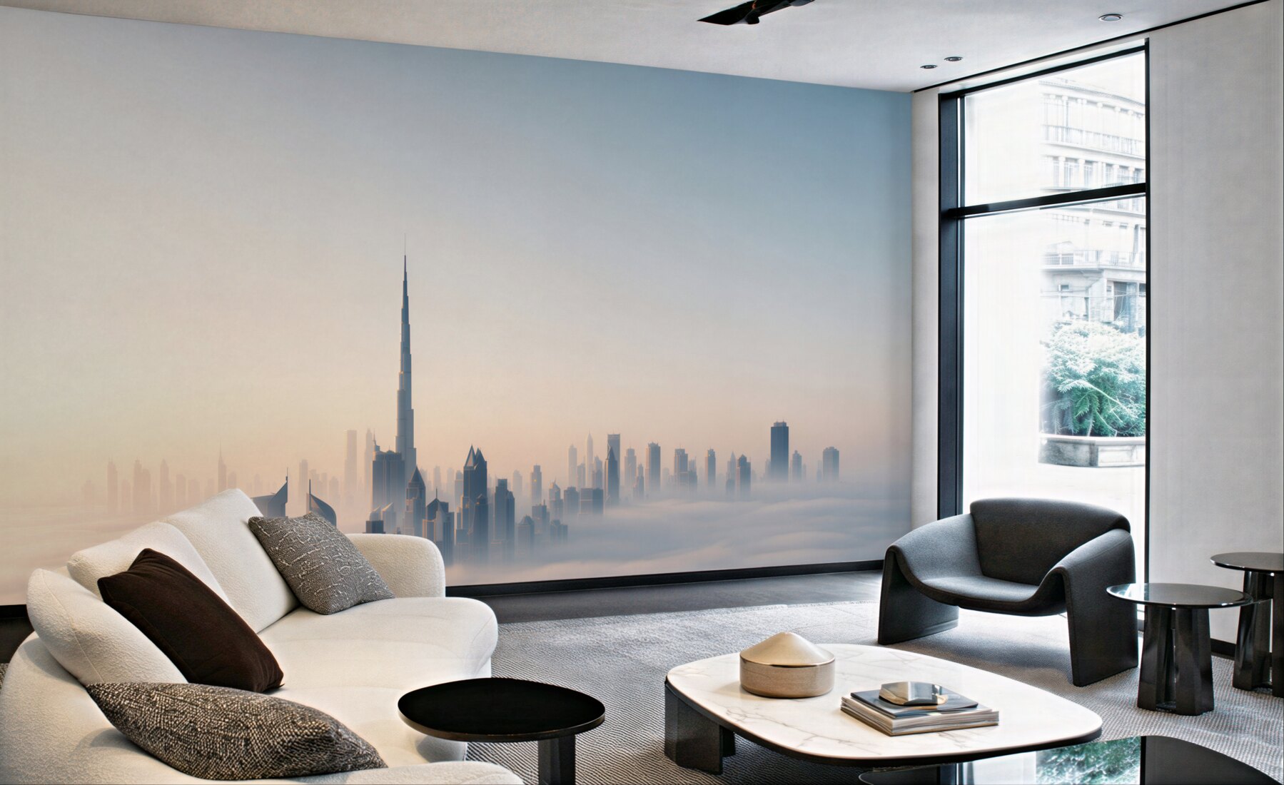 Fototapeta panorama Dubaju we mgle o wschodzie słońca nowoczesne miasto?v23