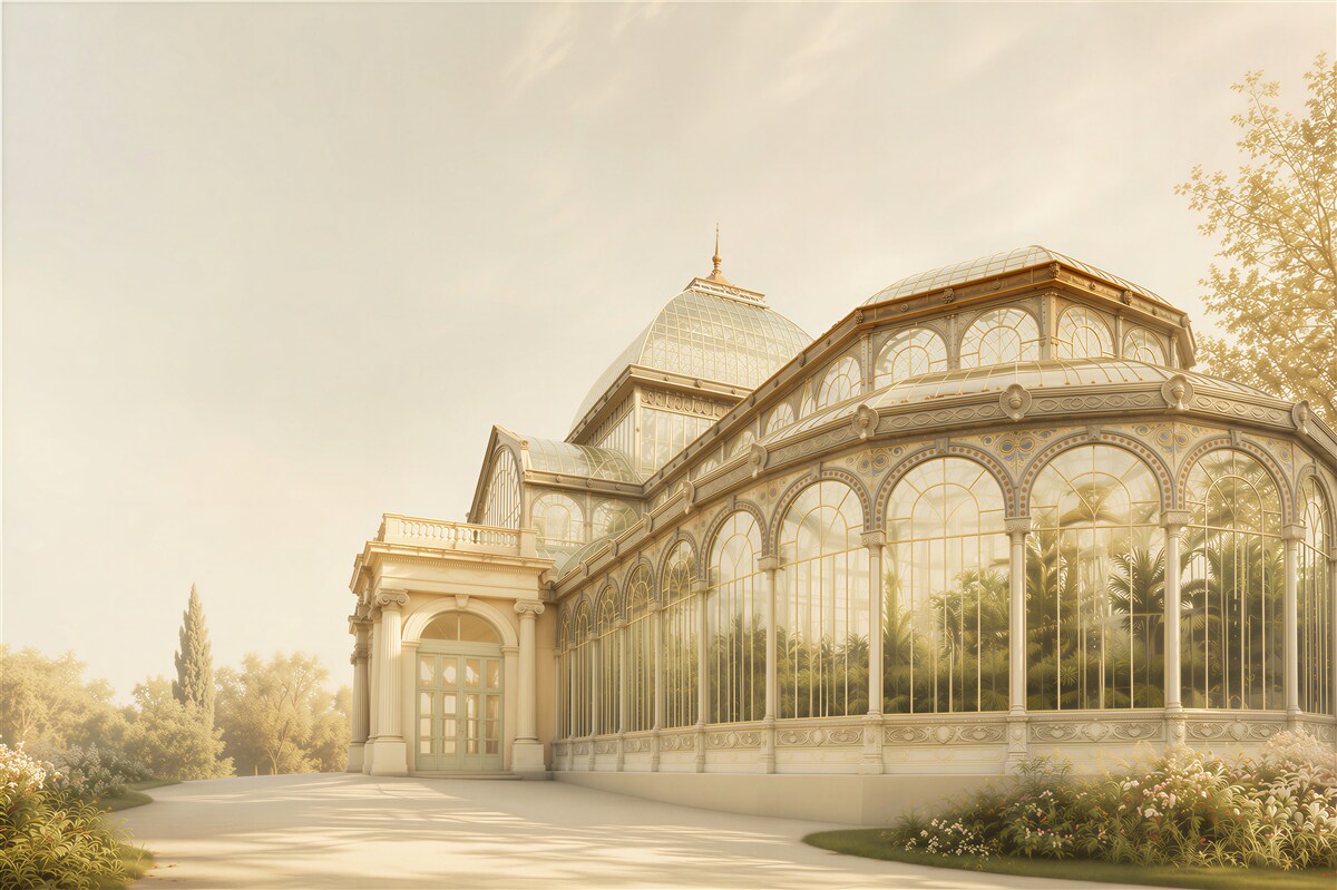 Fototapeta oranżeria pałacowa w złotym świetle elegancka architektura ogrodowa