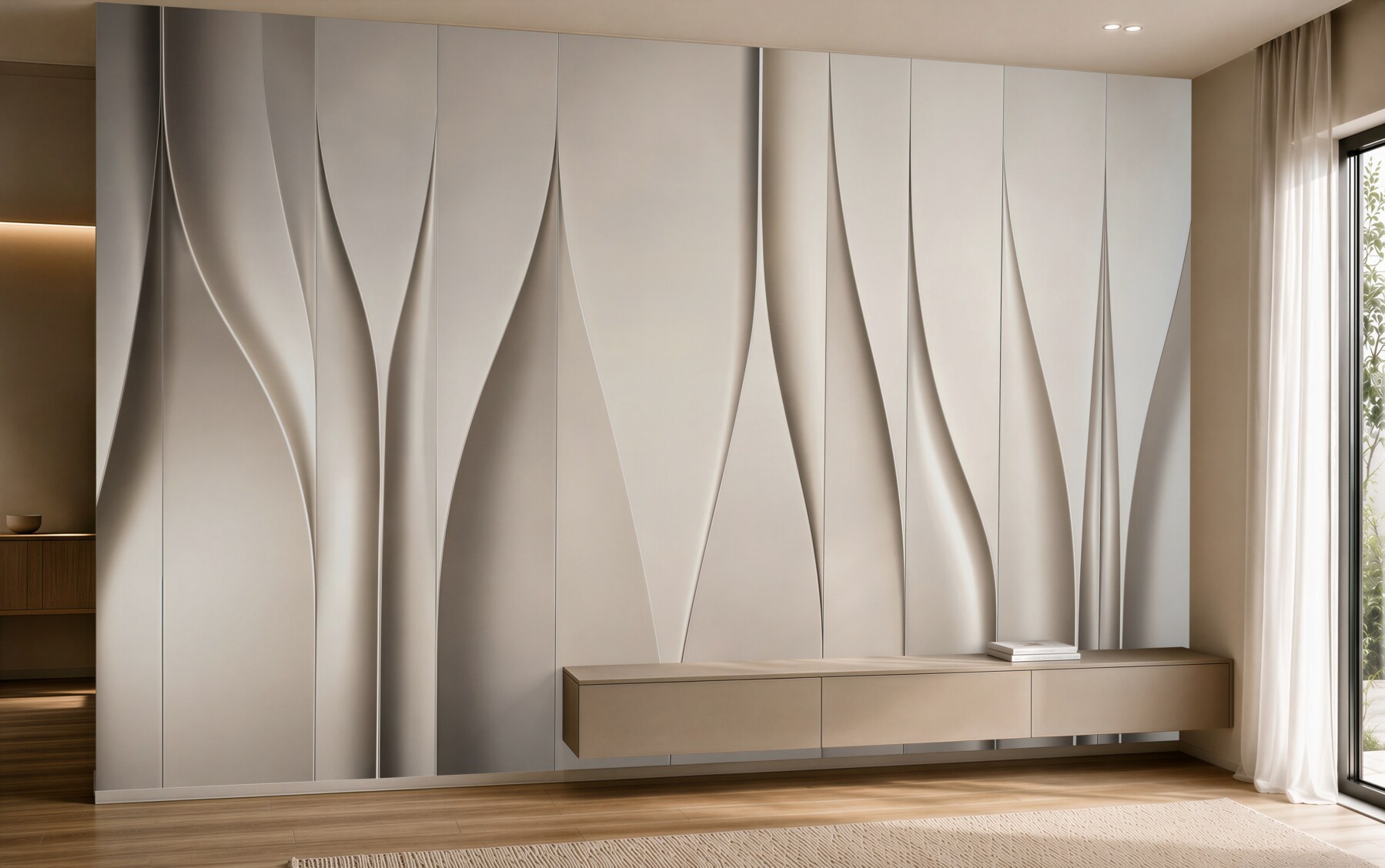 Fototapeta abstrakcyjne faliste panele beżowe 3D do eleganckiego wnętrza?v23
