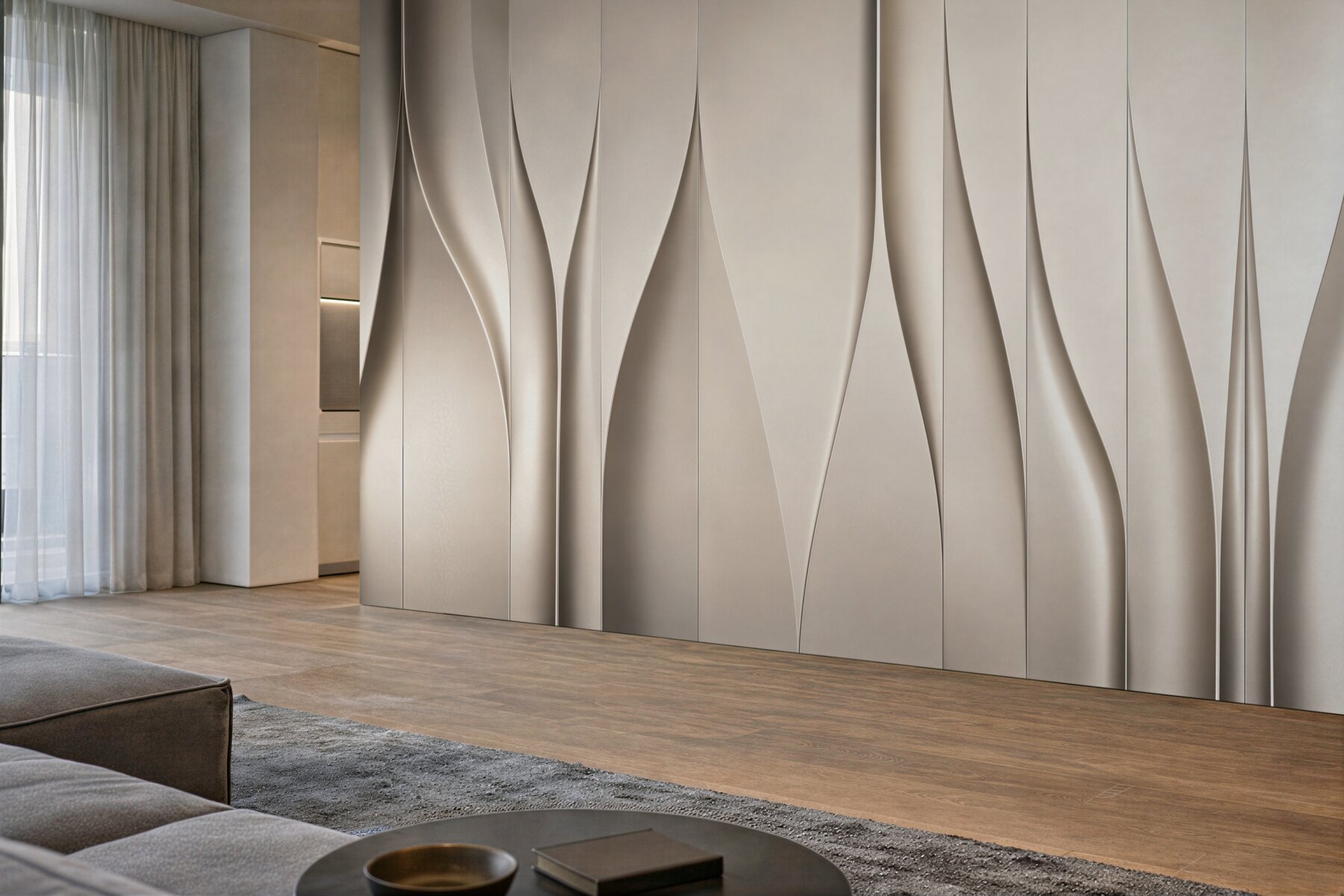 Fototapeta abstrakcyjne faliste panele beżowe 3D do eleganckiego wnętrza?v23