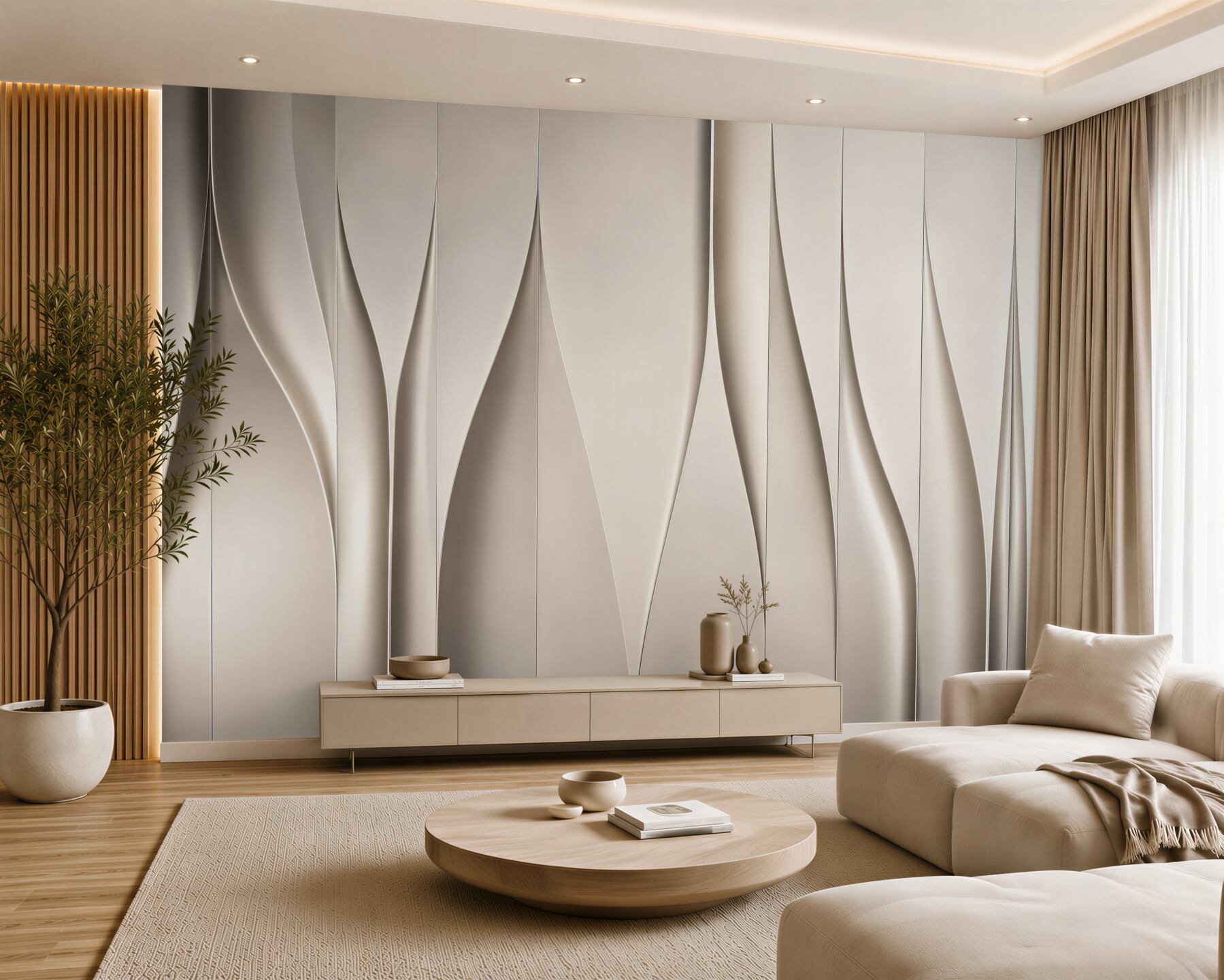 Fototapeta abstrakcyjne faliste panele beżowe 3D do eleganckiego wnętrza?v23