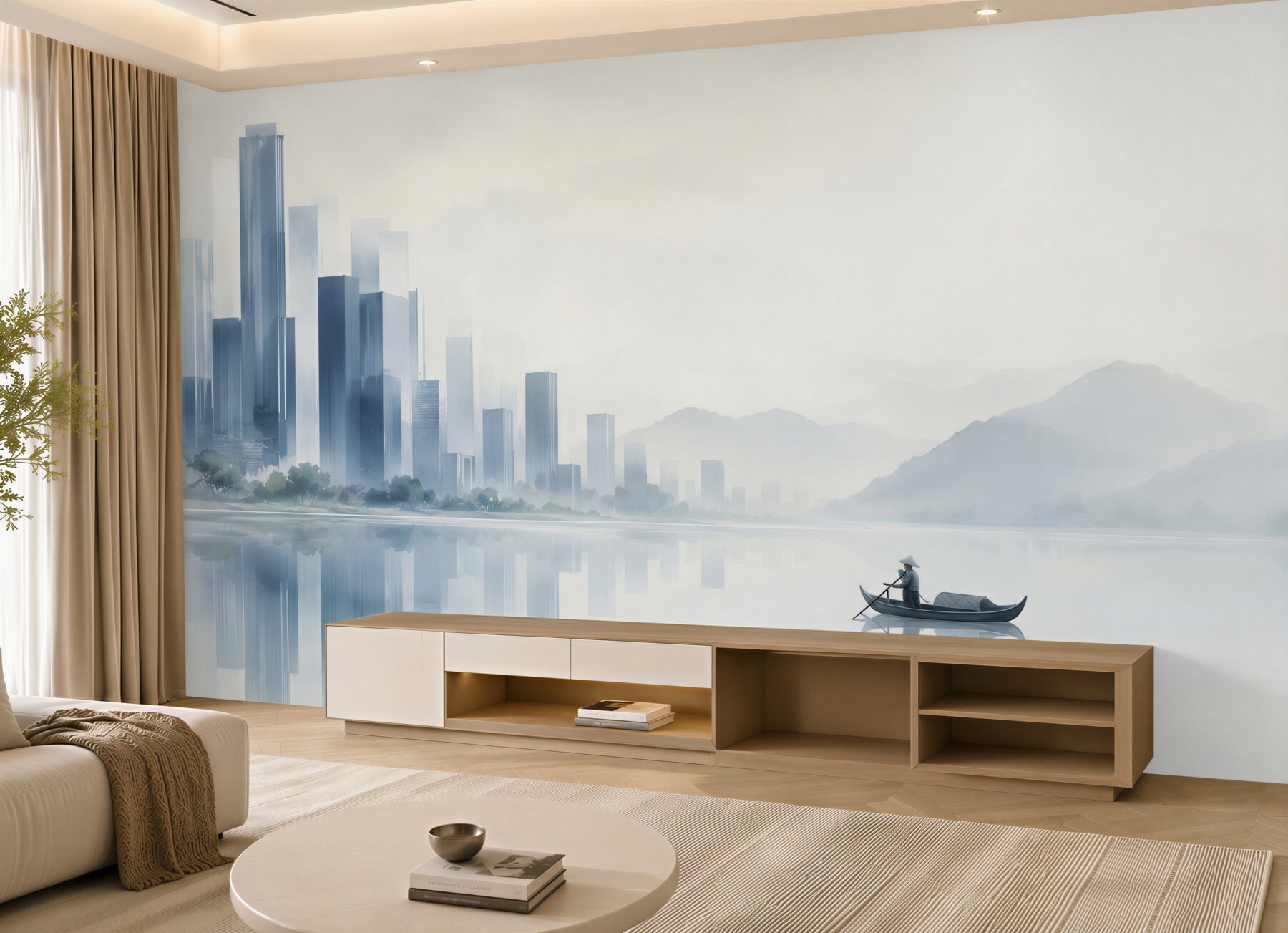 Fototapeta nowoczesne miasto nad jeziorem we mgle z łódką minimalistyczna?v23