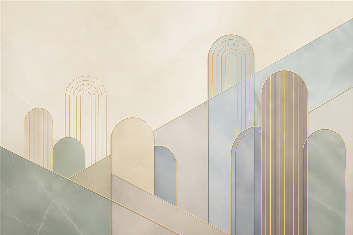 Fototapeta geometryczne łuki beżowo szare ze złotymi liniami art deco