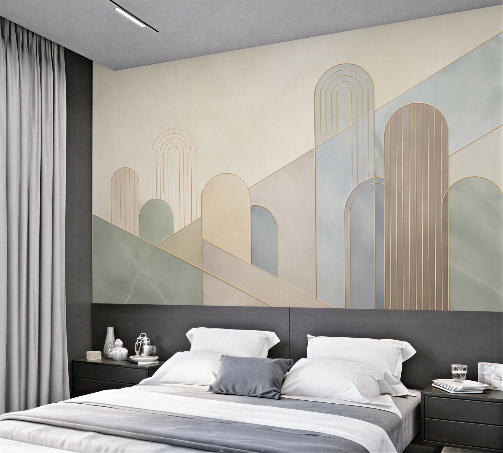 Fototapeta geometryczne łuki beżowo szare ze złotymi liniami art deco?v23