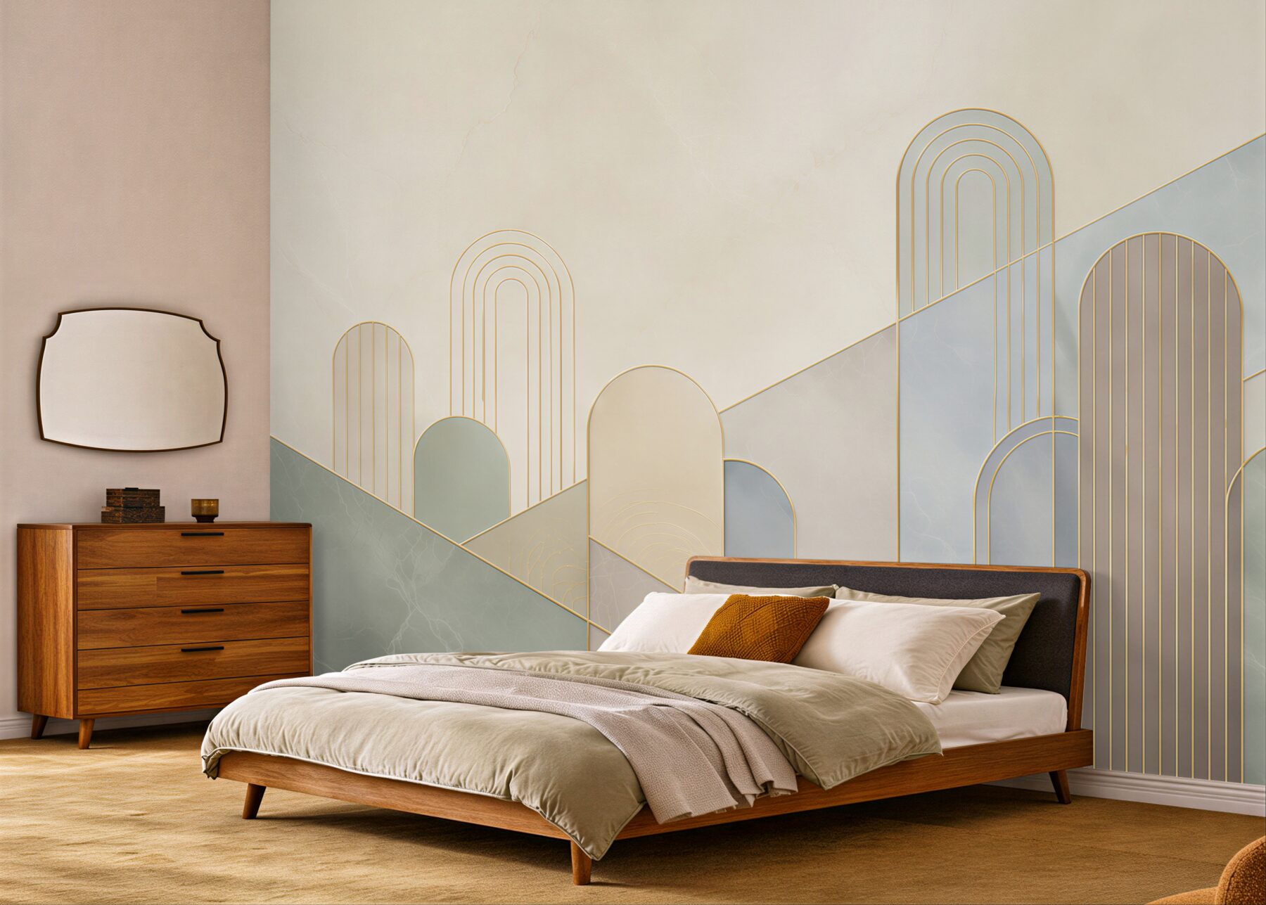 Fototapeta geometryczne łuki beżowo szare ze złotymi liniami art deco