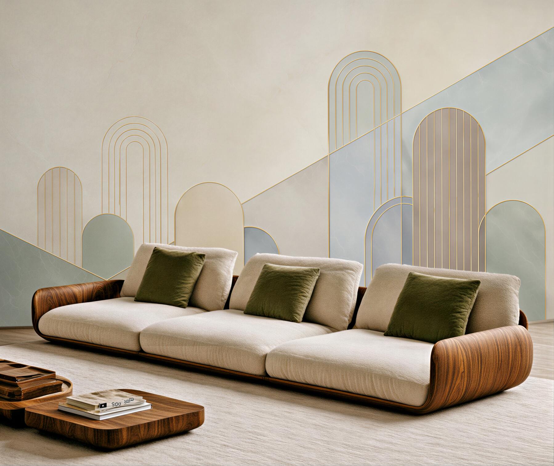 Fototapeta geometryczne łuki beżowo szare ze złotymi liniami art deco?v23