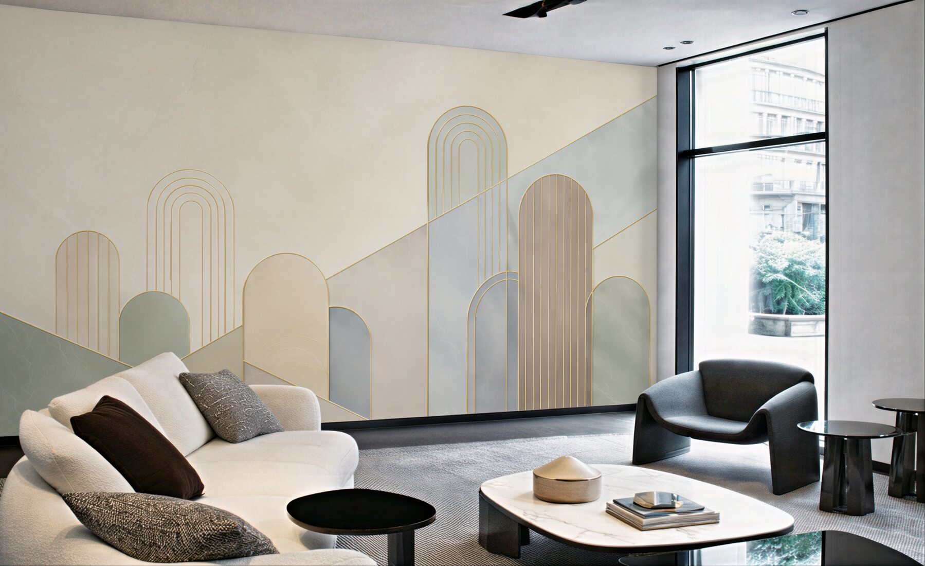 Fototapeta geometryczne łuki beżowo szare ze złotymi liniami art deco?v23