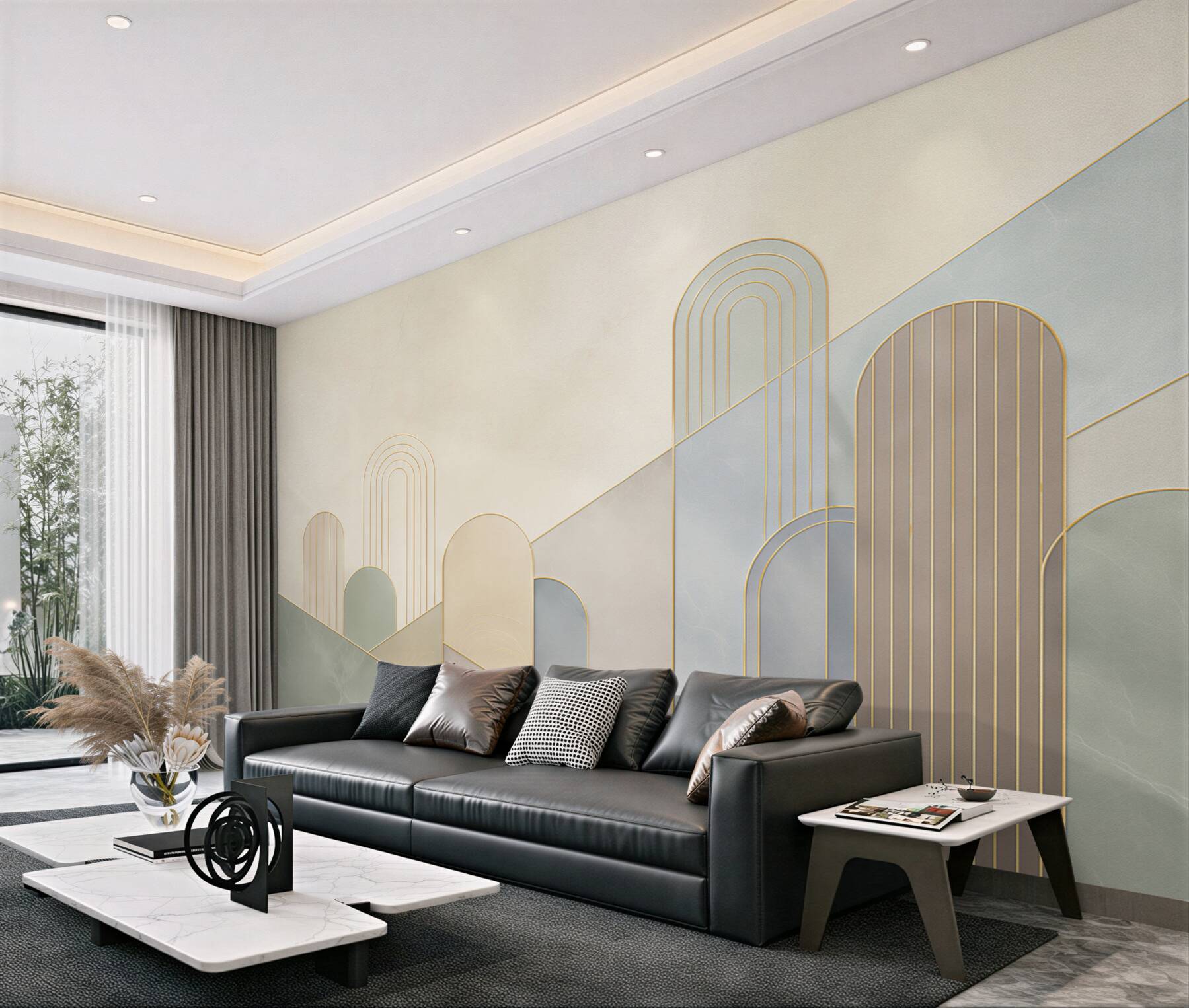 Fototapeta geometryczne łuki beżowo szare ze złotymi liniami art deco?v23