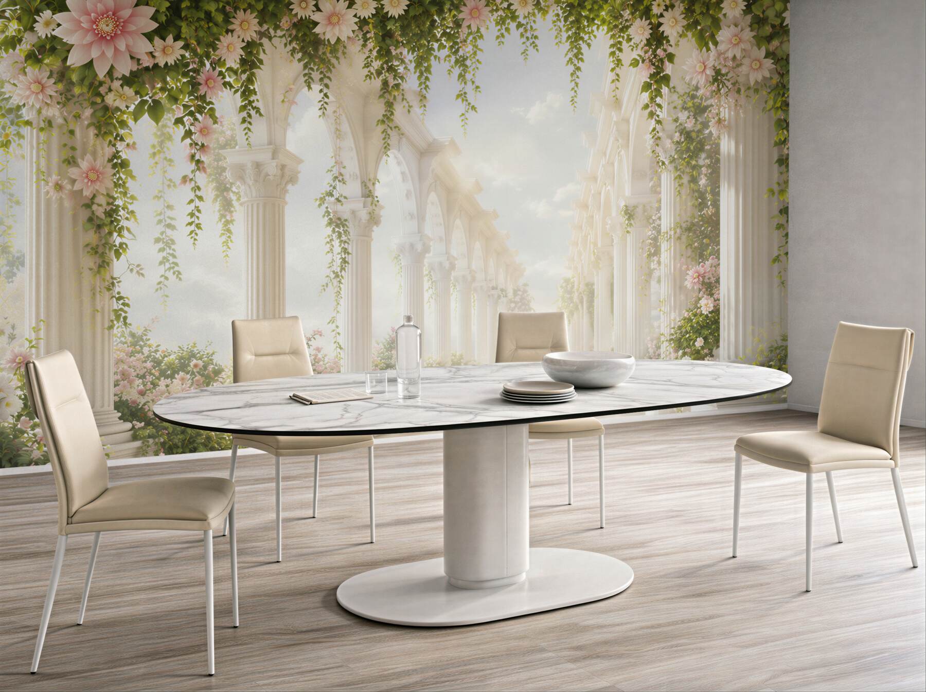 Fototapeta romantyczny kwiatowy krużganek z białymi kolumnami i bluszczem?v23