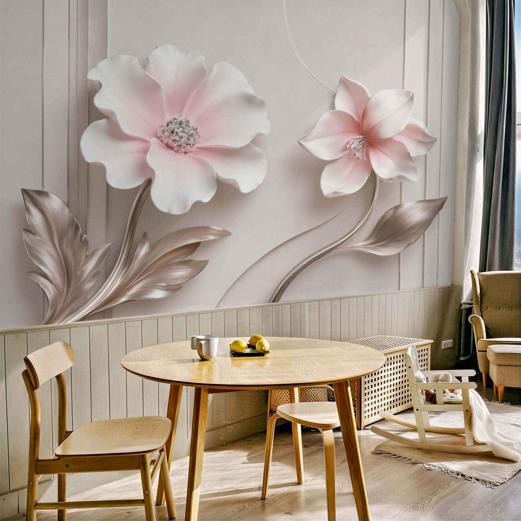 Fototapeta kwiaty 3D biało różowe z beżowymi liśćmi eleganckie?v23