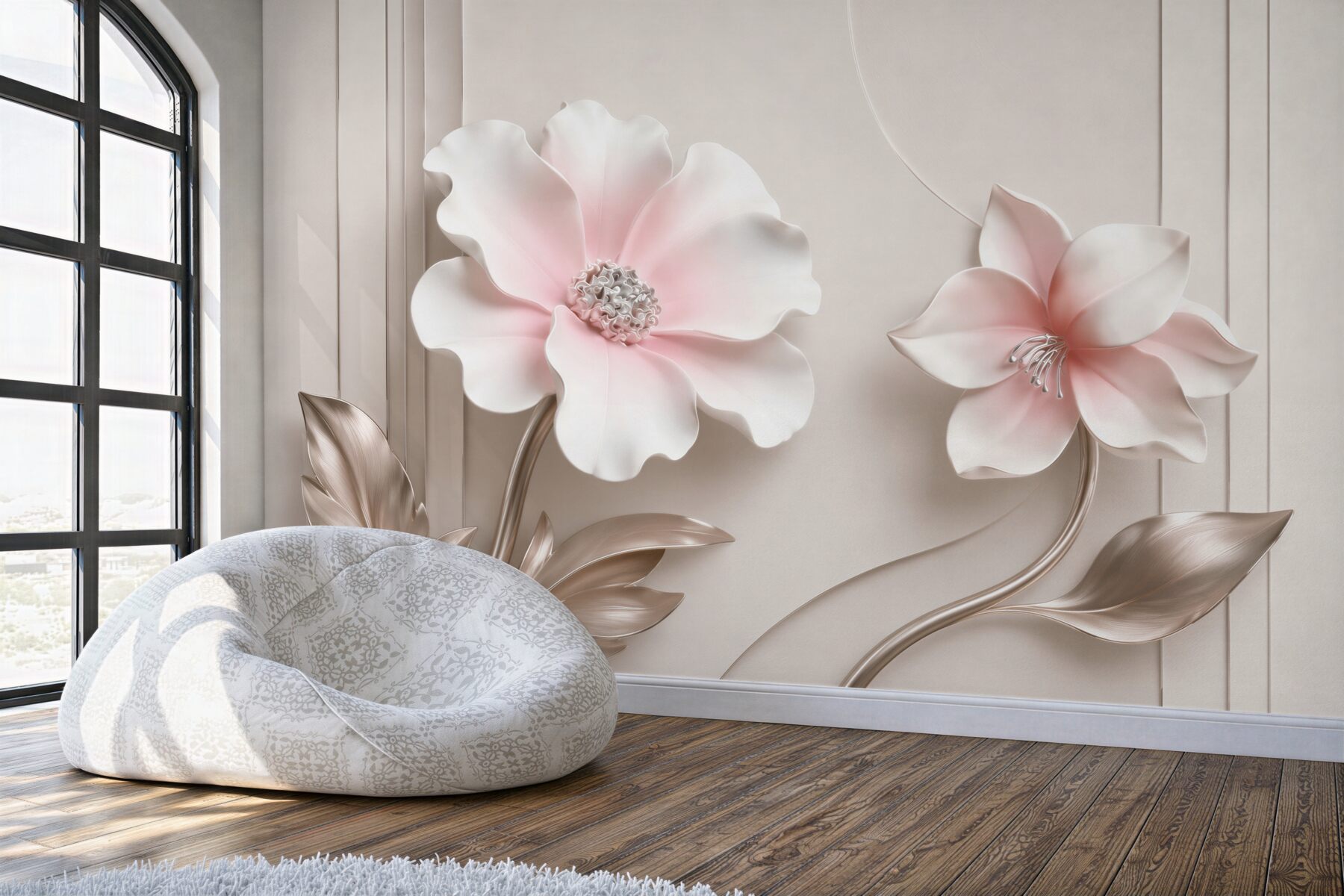 Fototapeta kwiaty 3D biało różowe z beżowymi liśćmi eleganckie?v23