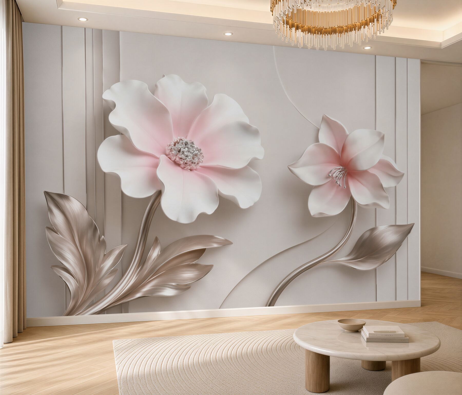 Fototapeta kwiaty 3D biało różowe z beżowymi liśćmi eleganckie?v23