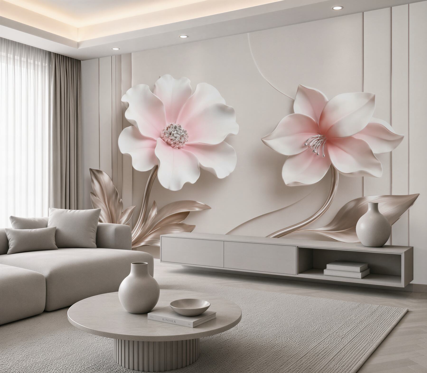 Fototapeta kwiaty 3D biało różowe z beżowymi liśćmi eleganckie?v23