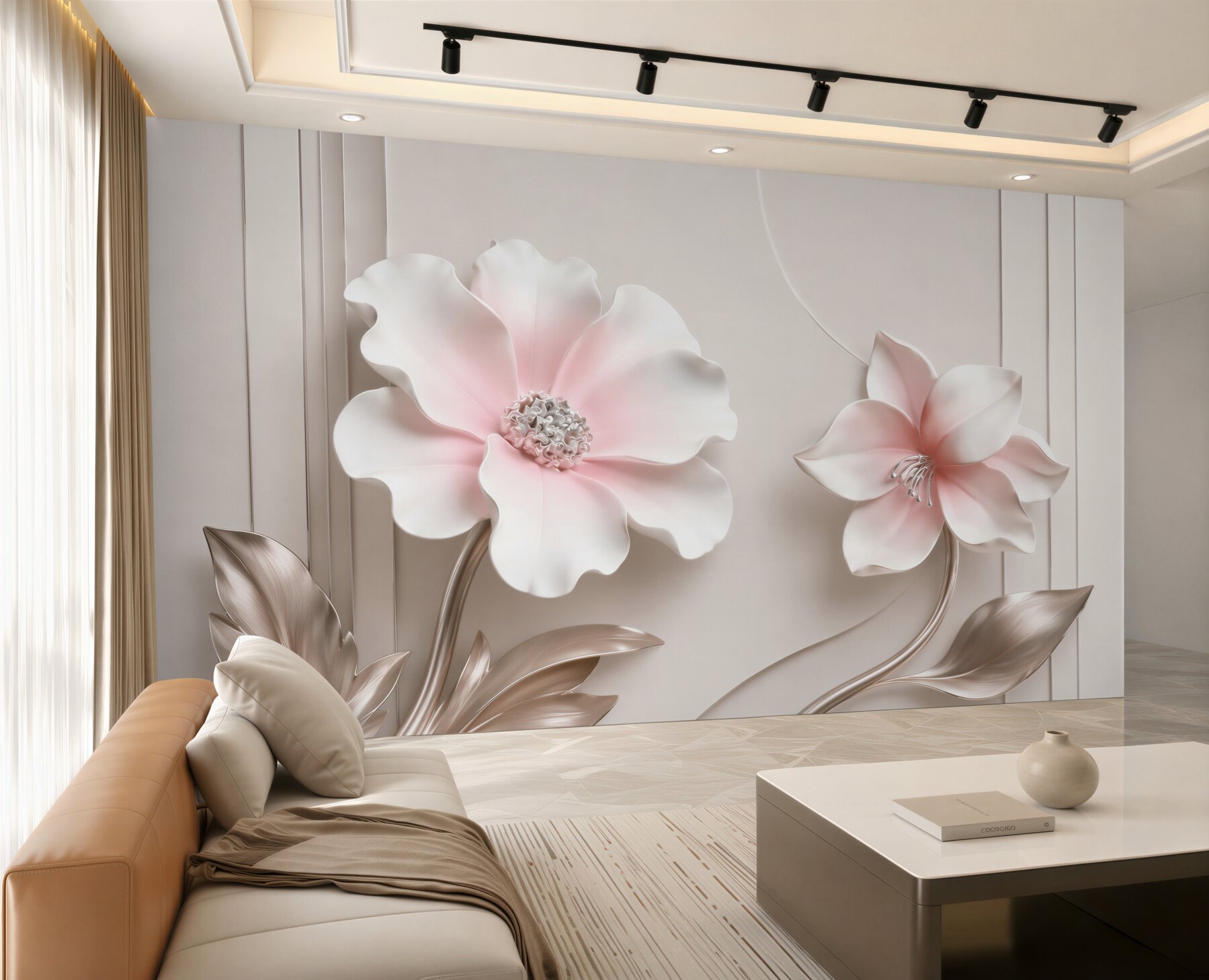 Fototapeta kwiaty 3D biało różowe z beżowymi liśćmi eleganckie?v23
