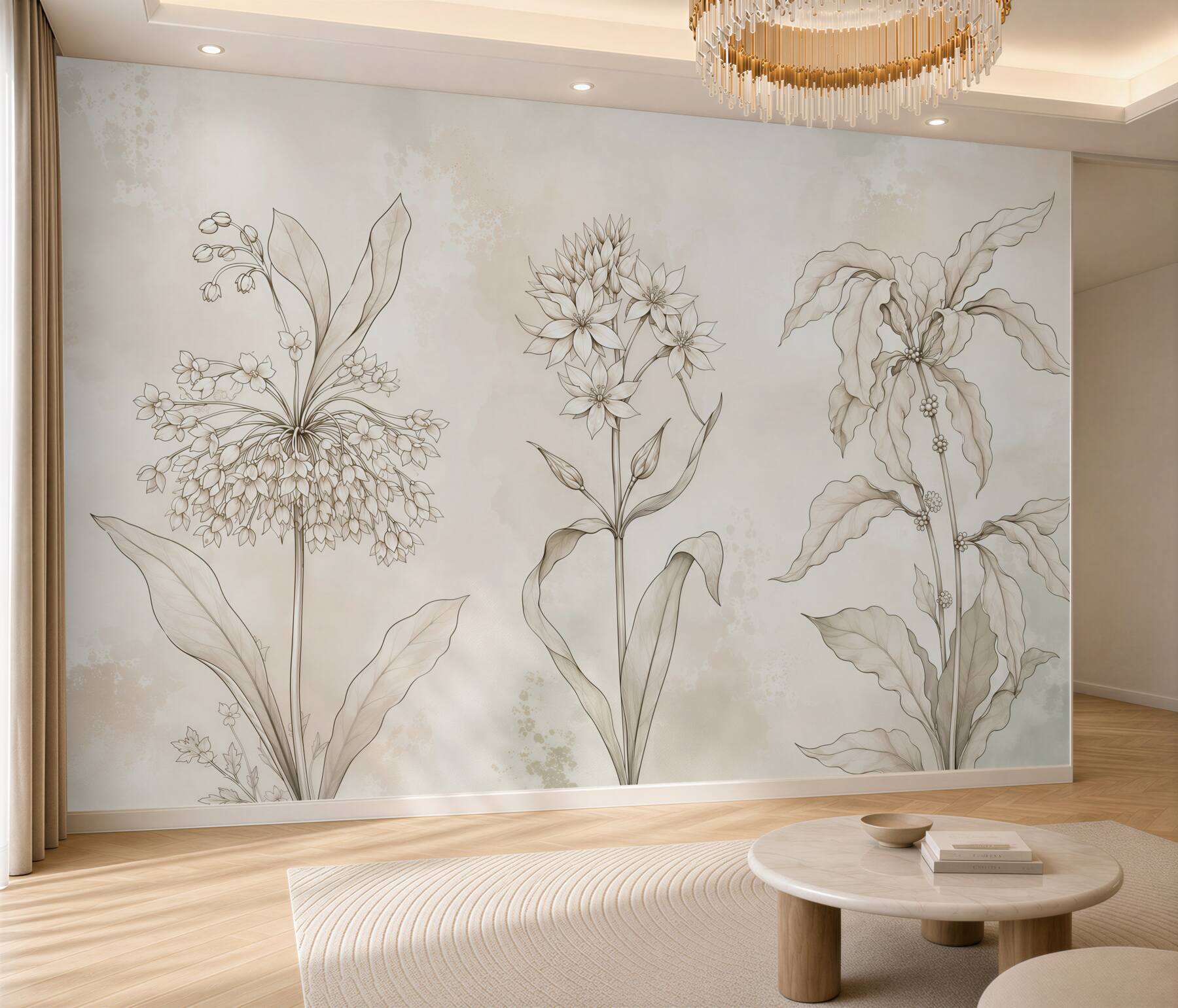 Fototapeta delikatne kwiaty beżowe szkic botaniczny do eleganckiego wnętrza