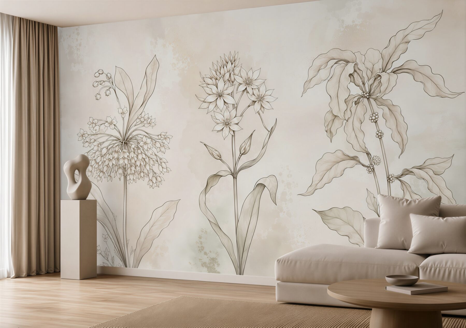Fototapeta delikatne kwiaty beżowe szkic botaniczny do eleganckiego wnętrza?v23