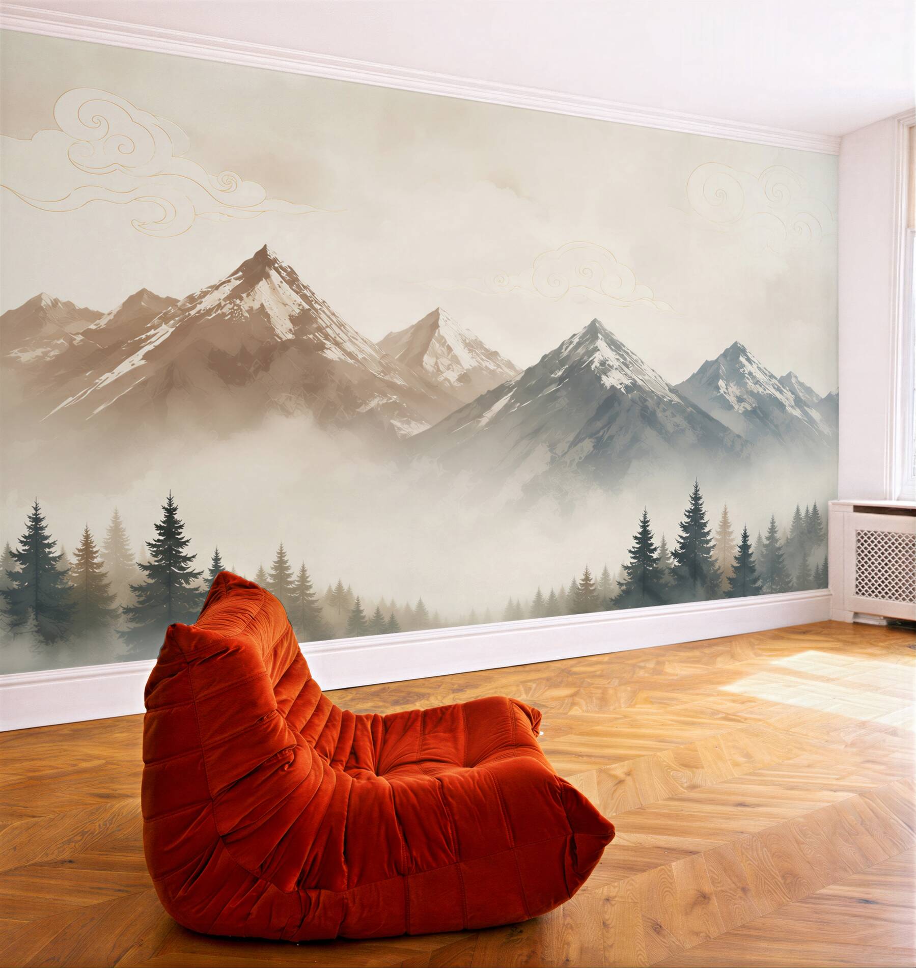 Fototapeta góry we mgle z lasem iglastym w beżowych tonach?v23