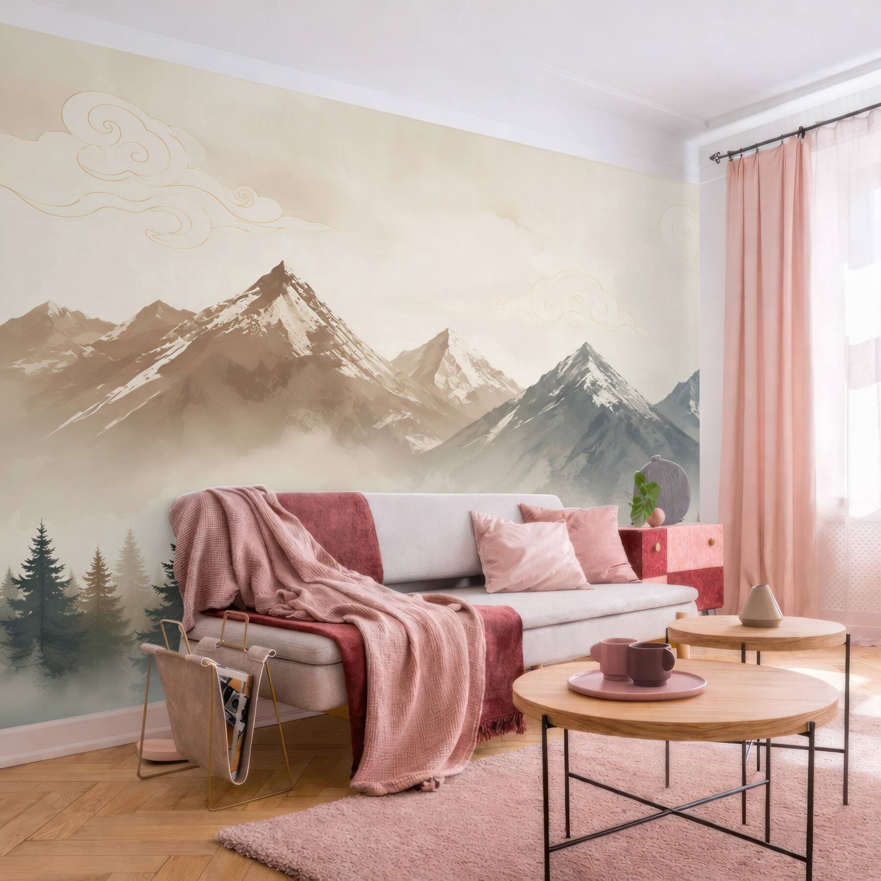 Fototapeta góry we mgle z lasem iglastym w beżowych tonach?v23