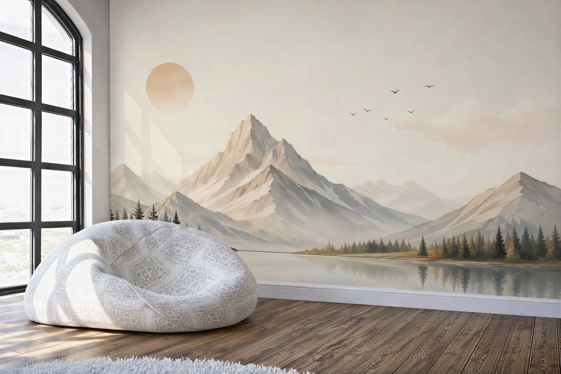 Fototapeta górski krajobraz z jeziorem i słońcem w jasnych beżach?v23