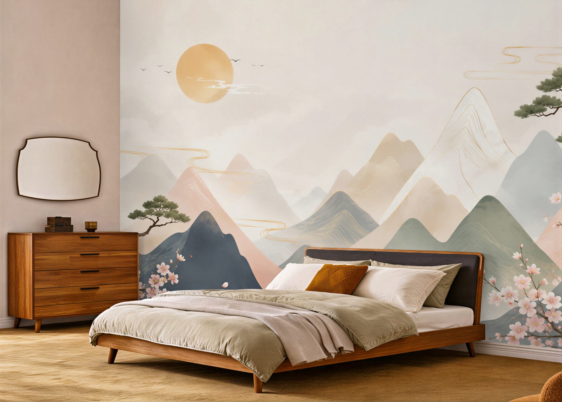 Fototapeta pastelowe góry z kwitnącą wiśnią w stylu orientalnym?v23