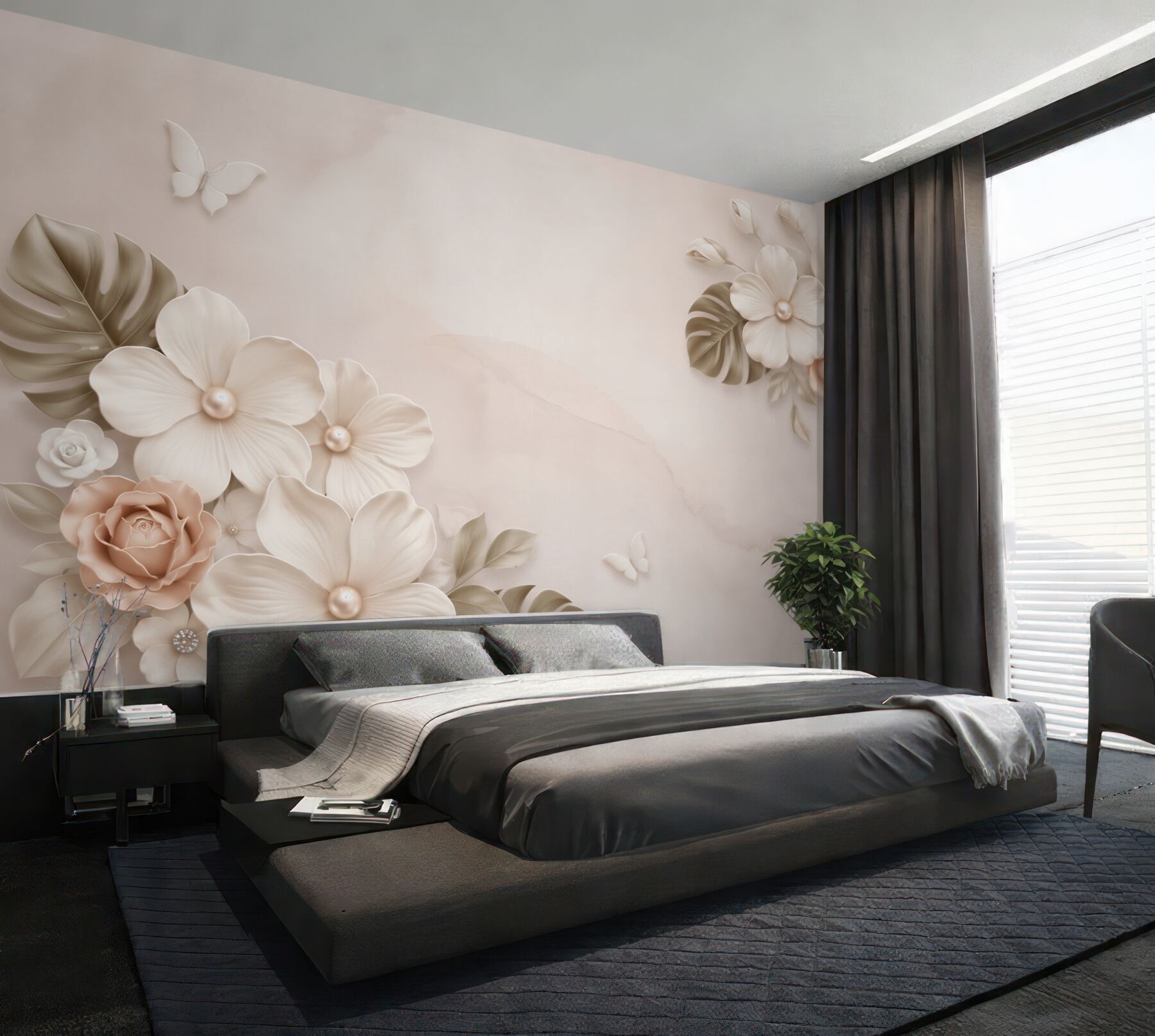 Fototapeta kwiaty 3D beżowe z liśćmi i motylami eleganckie】?v23
