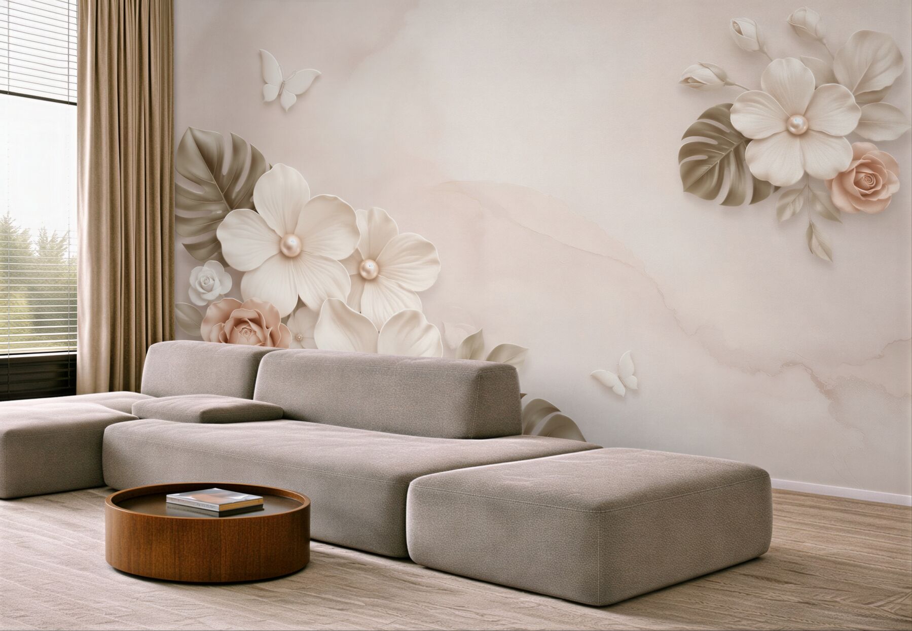 Fototapeta kwiaty 3D beżowe z liśćmi i motylami eleganckie】?v23