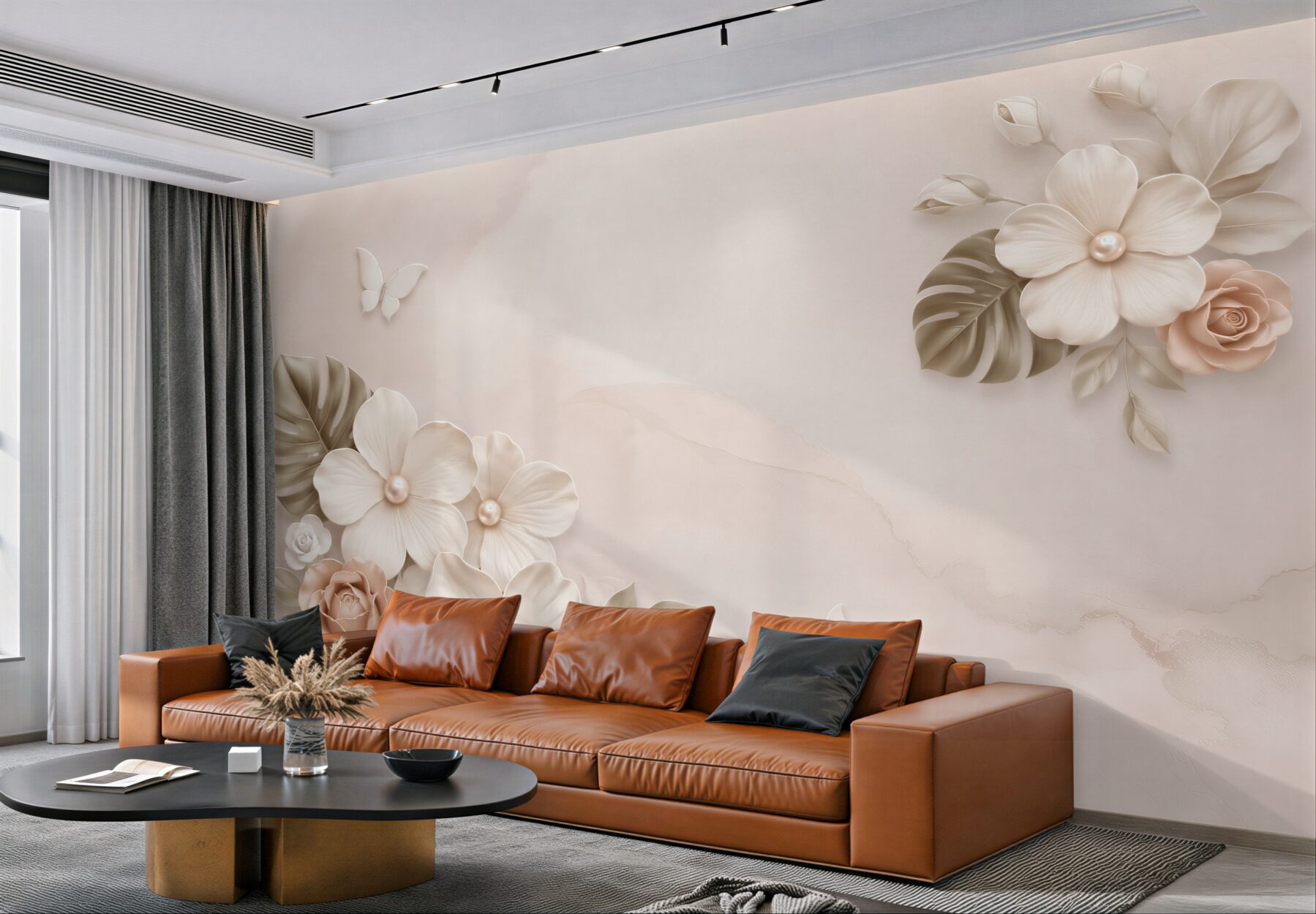 Fototapeta kwiaty 3D beżowe z liśćmi i motylami eleganckie】?v23