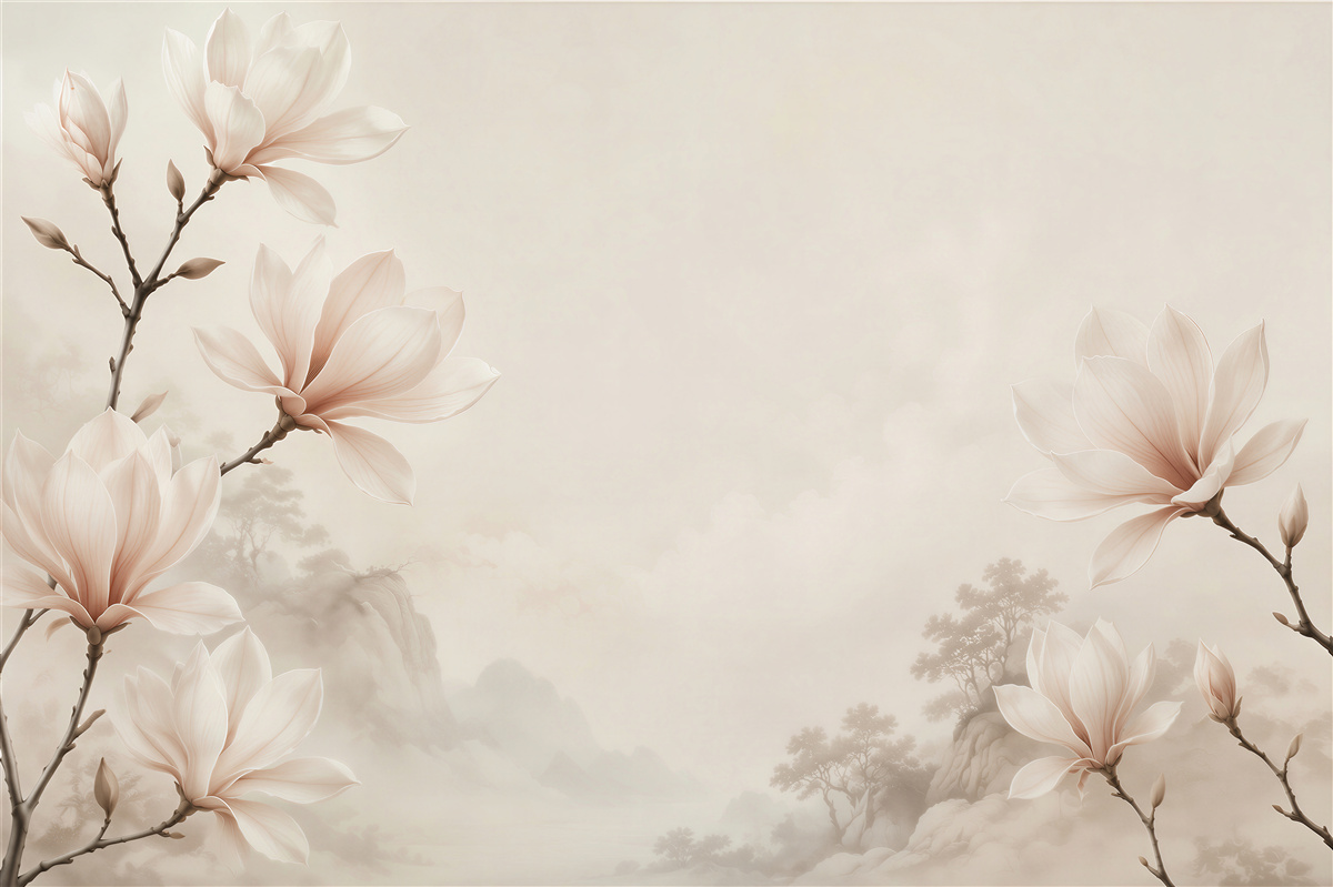 Fototapeta kwiaty magnolii beżowe na mglistym krajobrazie