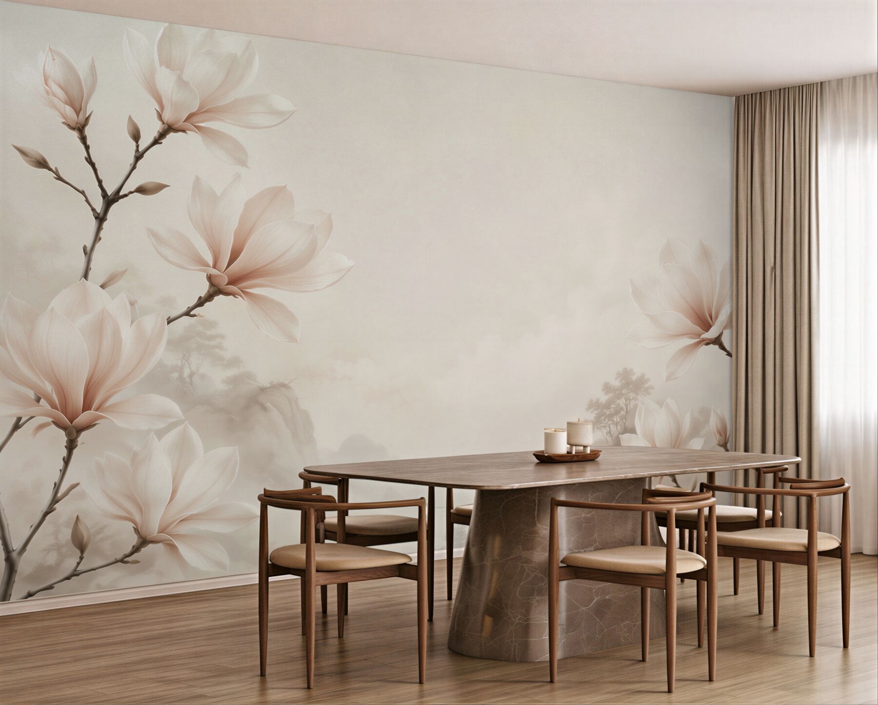 Fototapeta kwiaty magnolii beżowe na mglistym krajobrazie?v23