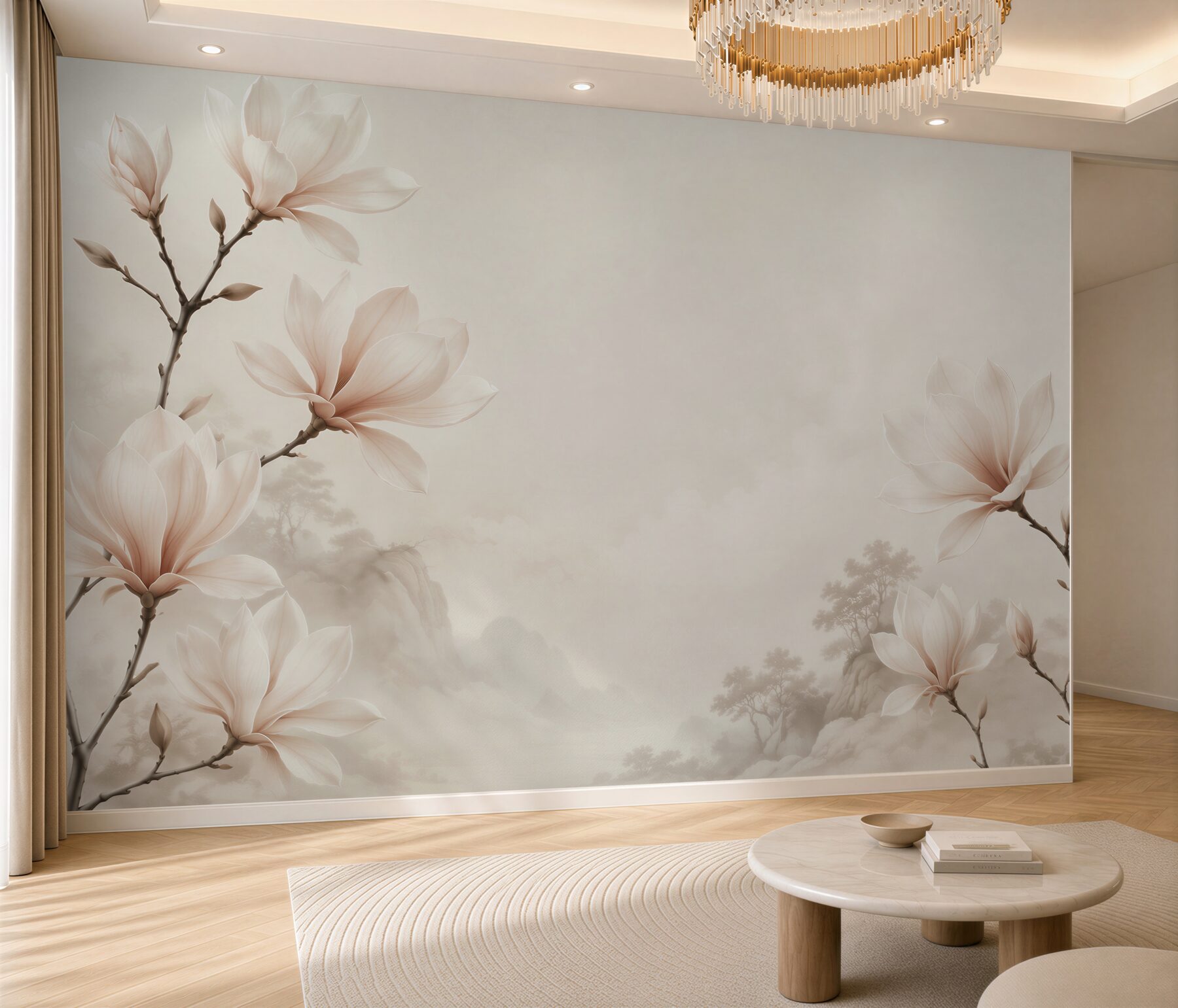 Fototapeta kwiaty magnolii beżowe na mglistym krajobrazie?v23