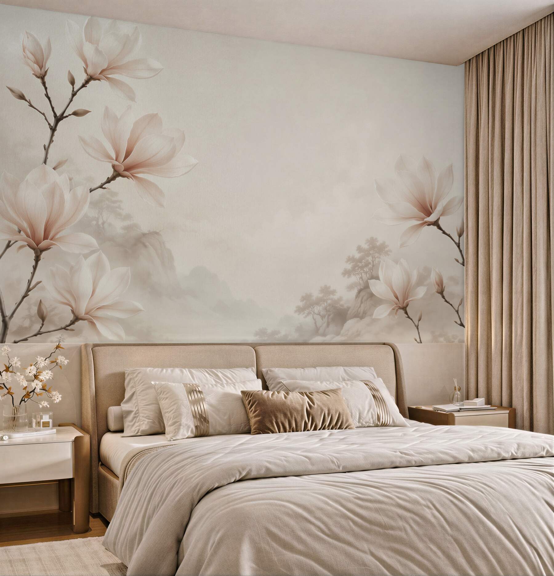 Fototapeta kwiaty magnolii beżowe na mglistym krajobrazie?v23