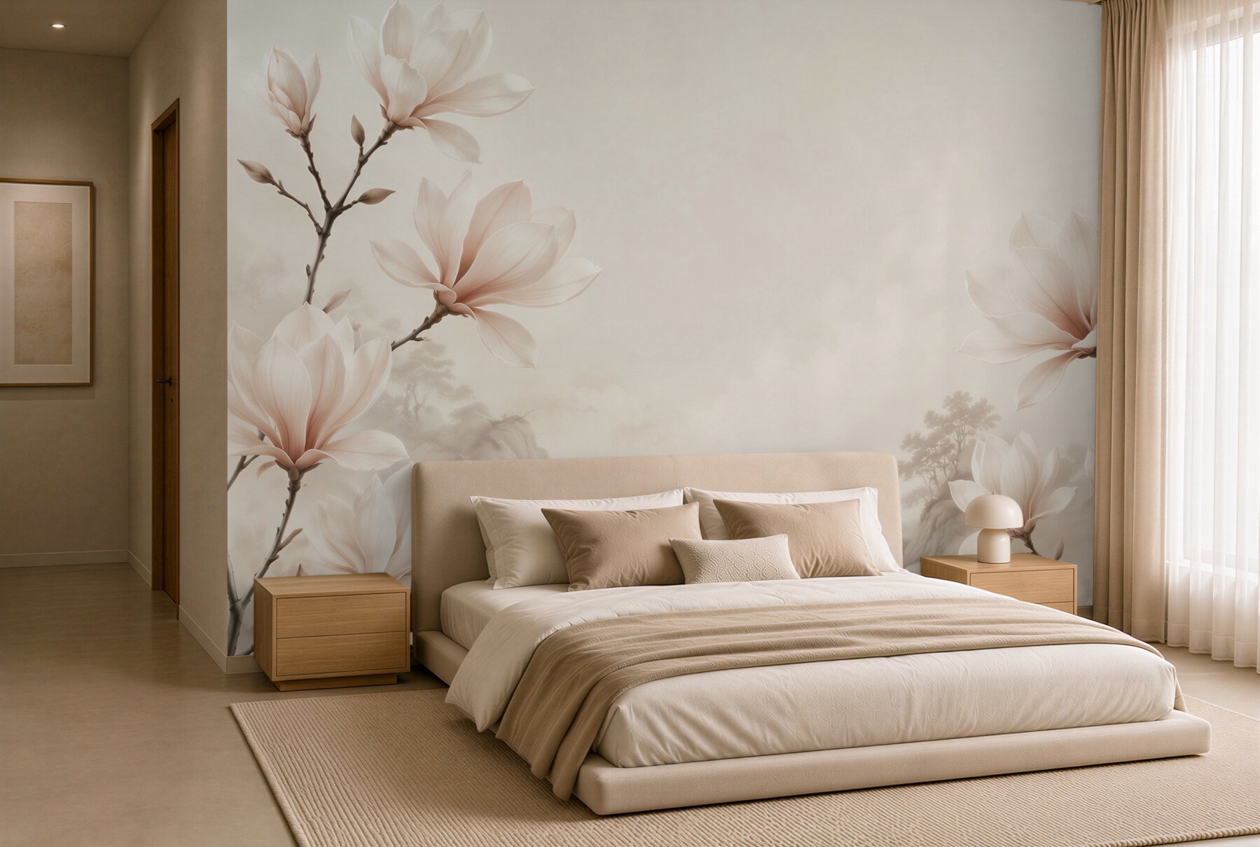 Fototapeta kwiaty magnolii beżowe na mglistym krajobrazie?v23
