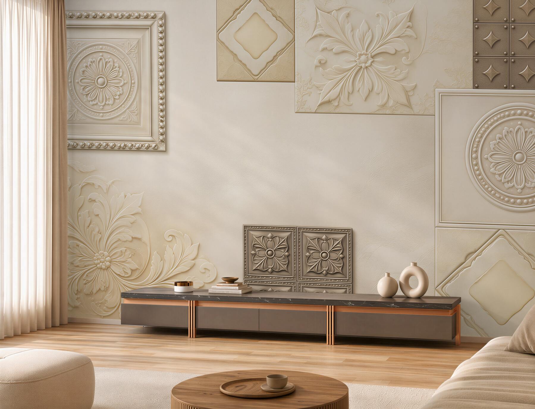 Fototapeta ornamenty 3D beżowe klasyczne do eleganckiego wnętrza?v23