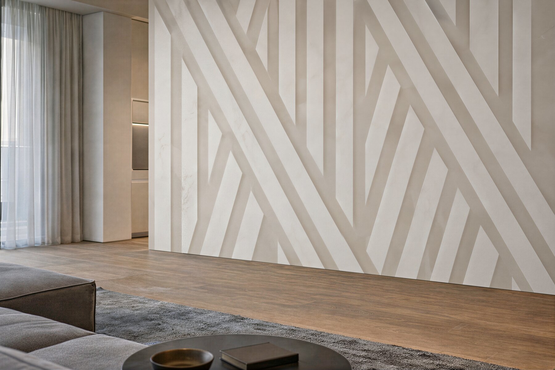 Fototapeta geometryczne pasy 3D beżowe nowoczesne do eleganckiego wnętrza?v23
