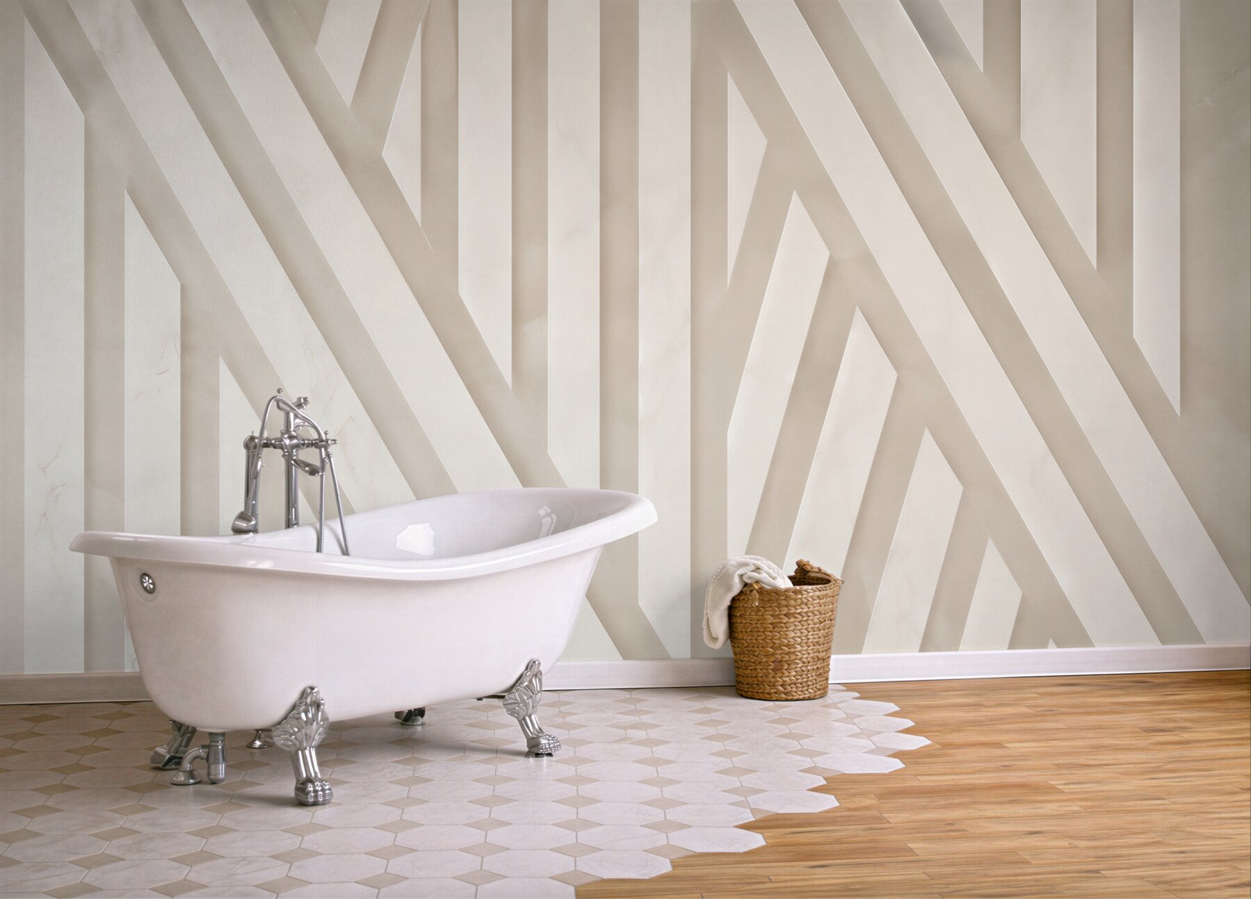 Fototapeta geometryczne pasy 3D beżowe nowoczesne do eleganckiego wnętrza?v23