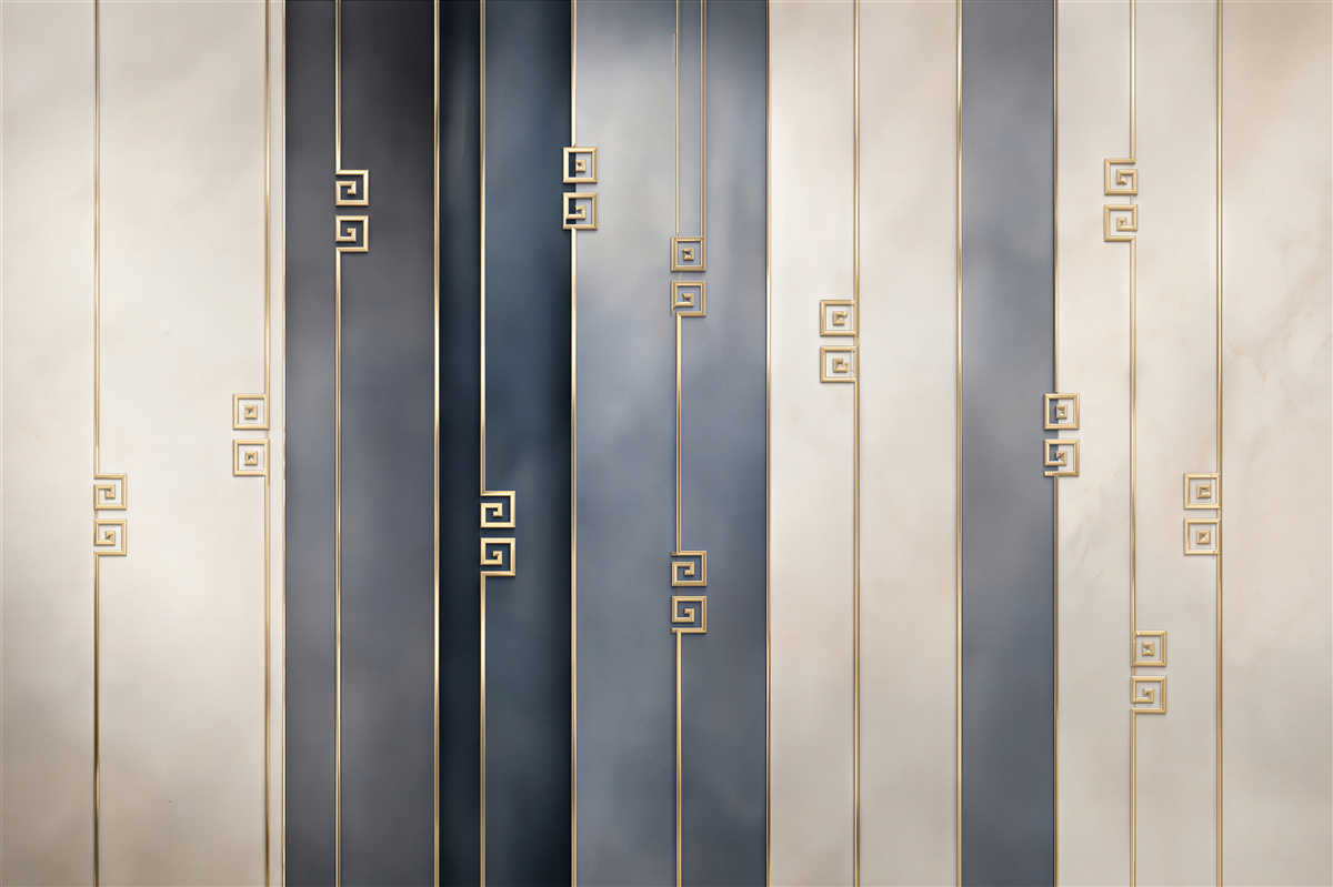 Fototapeta geometryczne pionowe pasy granatowo beżowe ze złotymi liniami