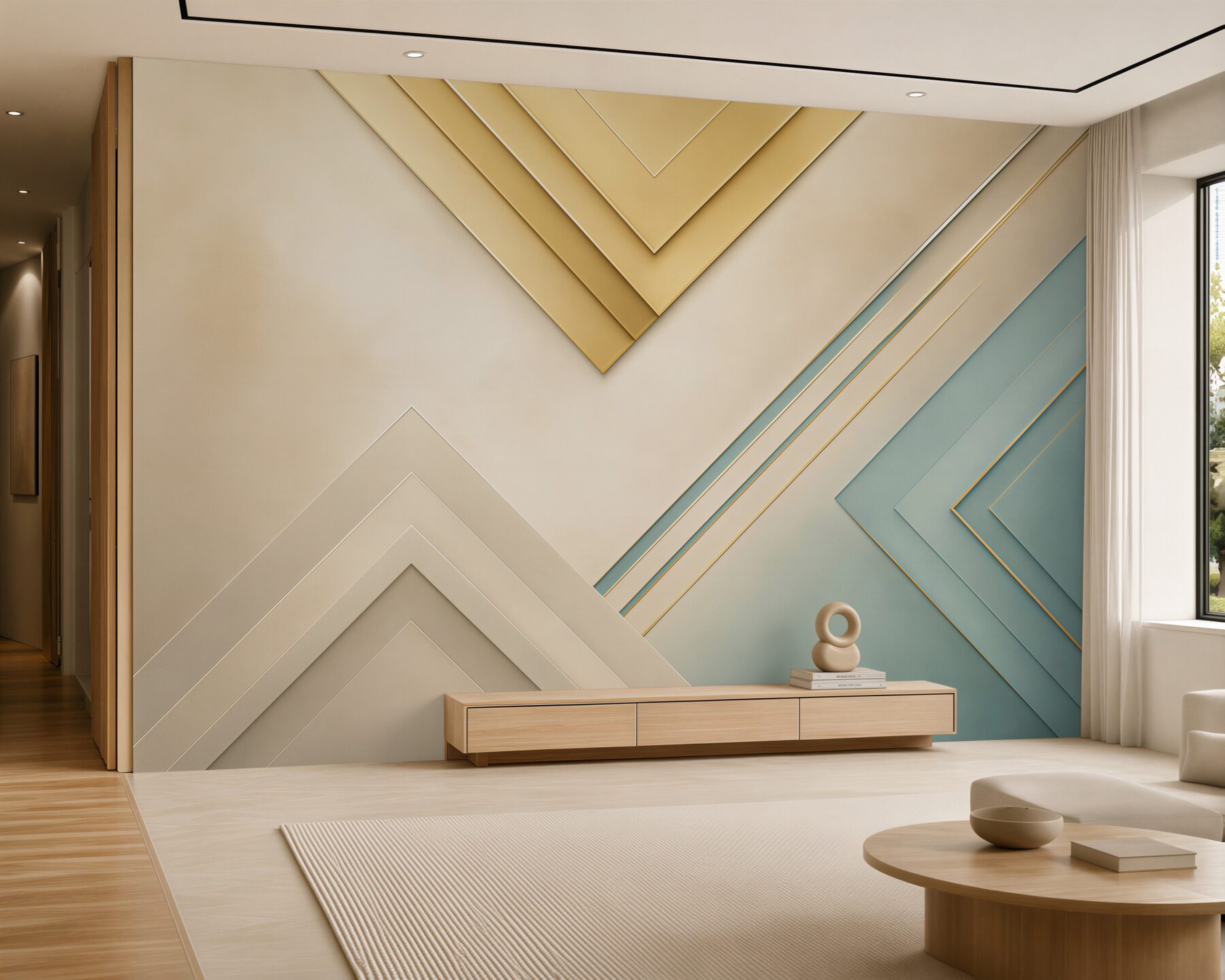 Fototapeta geometryczne panele beżowo błękitne ze złotymi akcentami?v23