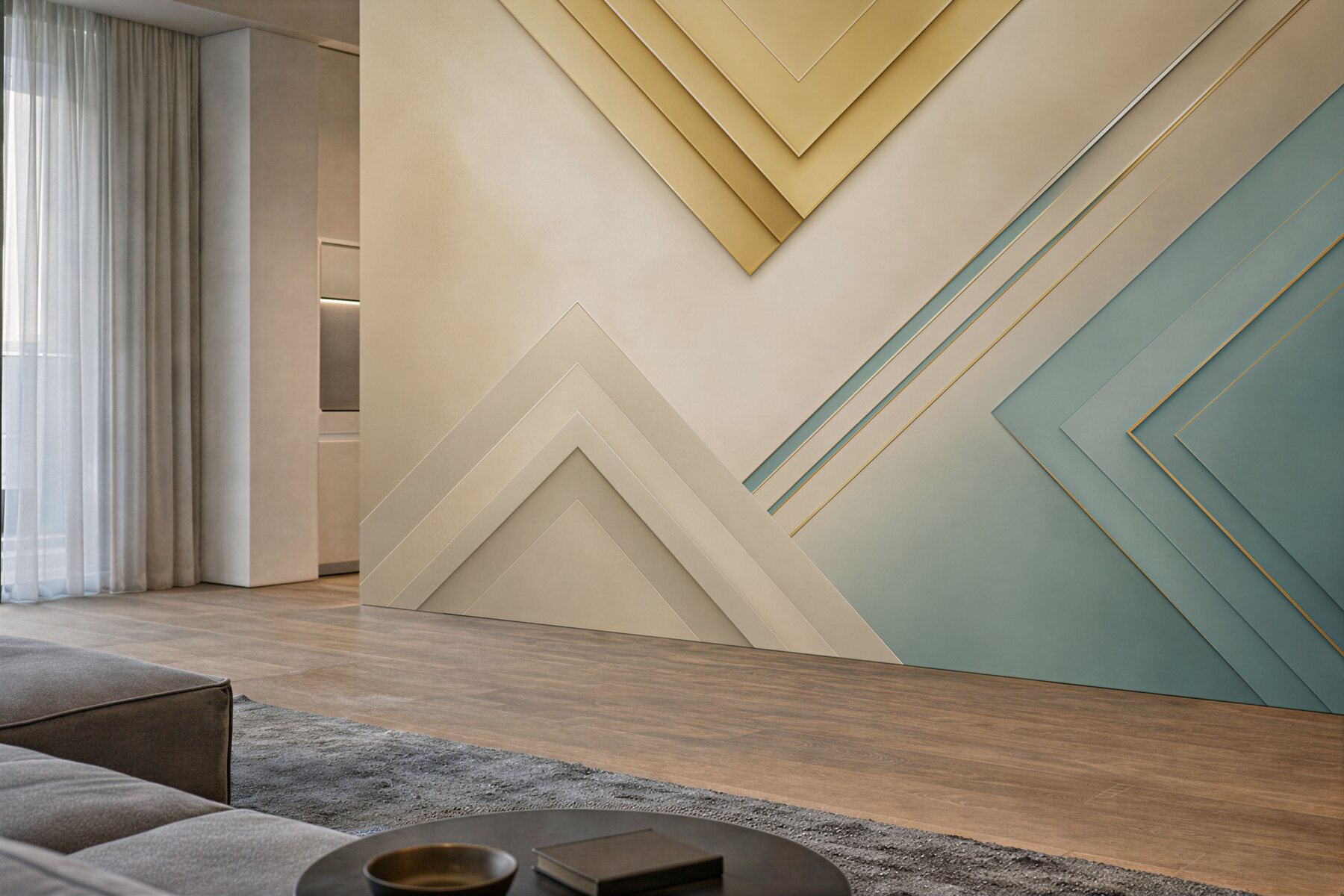 Fototapeta geometryczne panele beżowo błękitne ze złotymi akcentami?v23