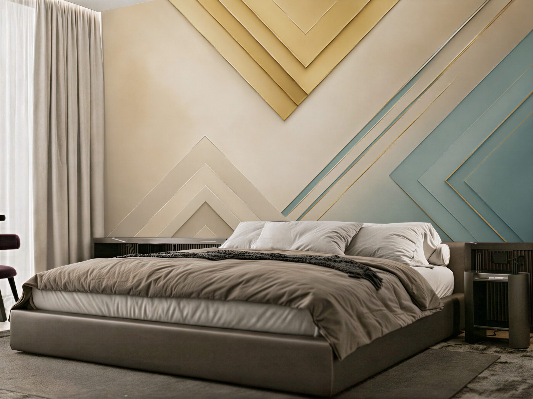 Fototapeta geometryczne panele beżowo błękitne ze złotymi akcentami